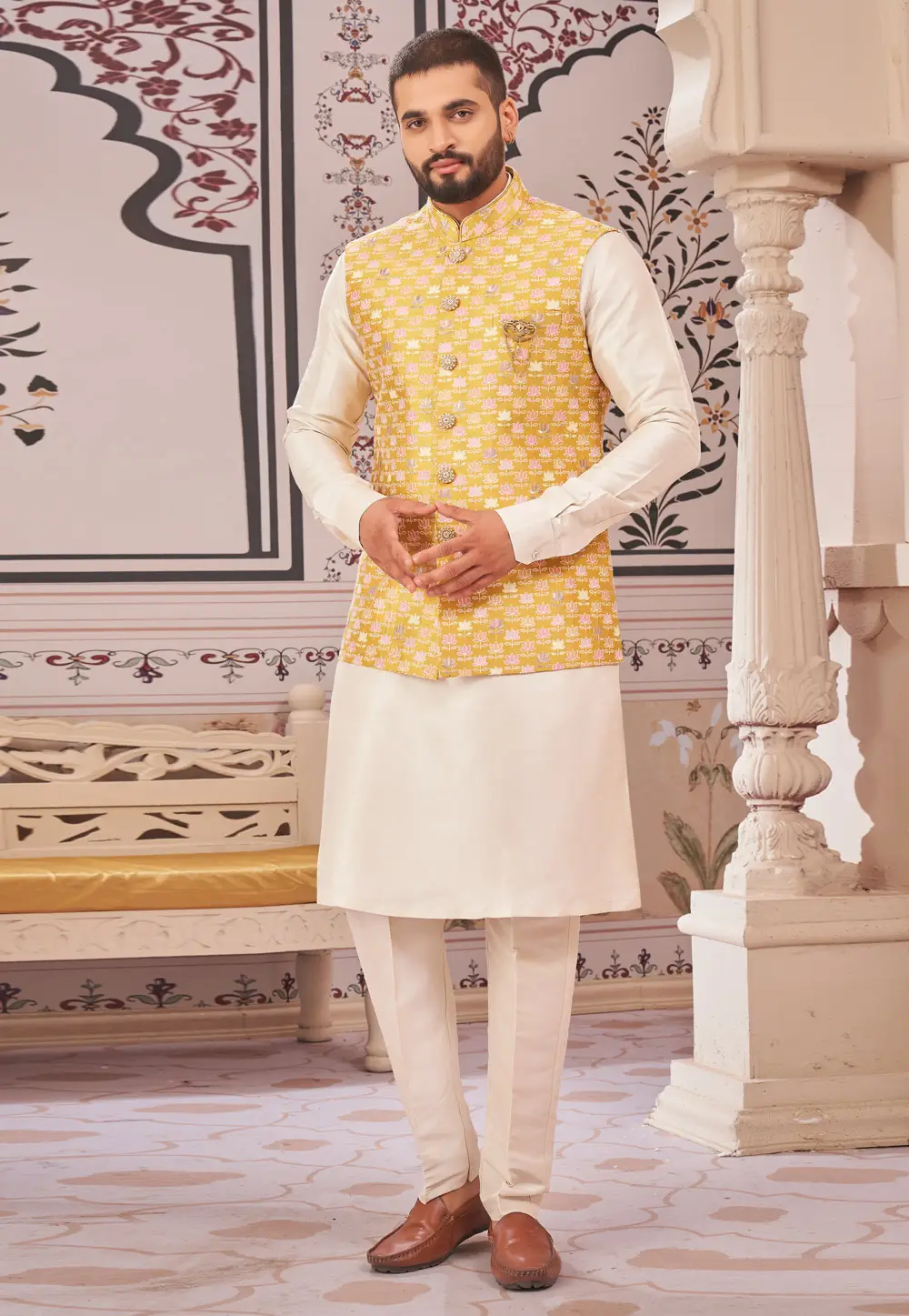 Cream Art Silk Kurta Pajama With Jacket 296626