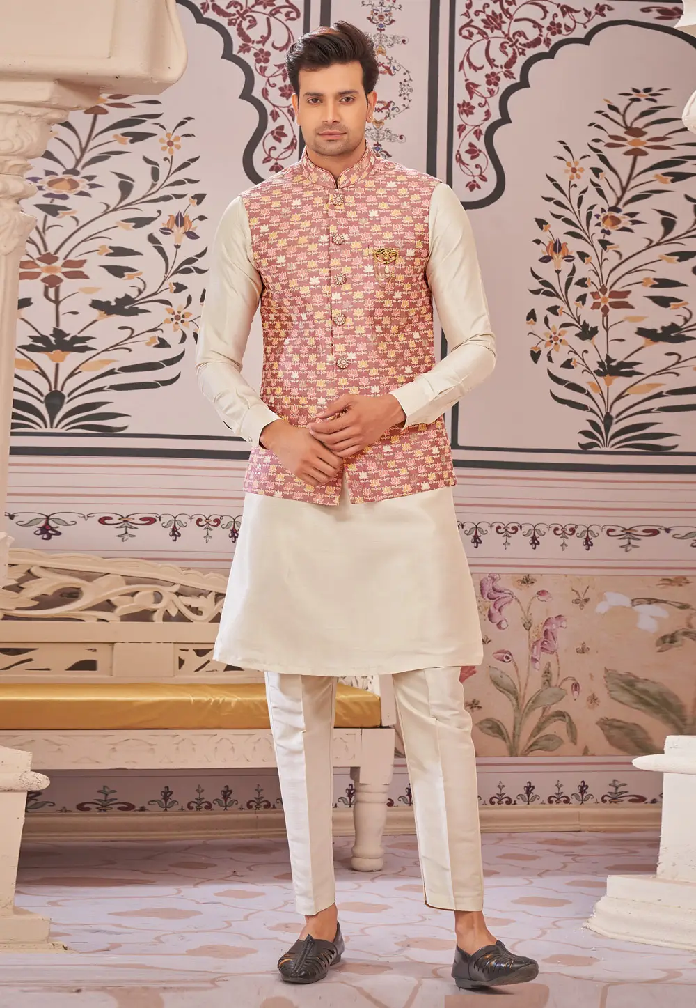 Cream Art Silk Kurta Pajama With Jacket 296627