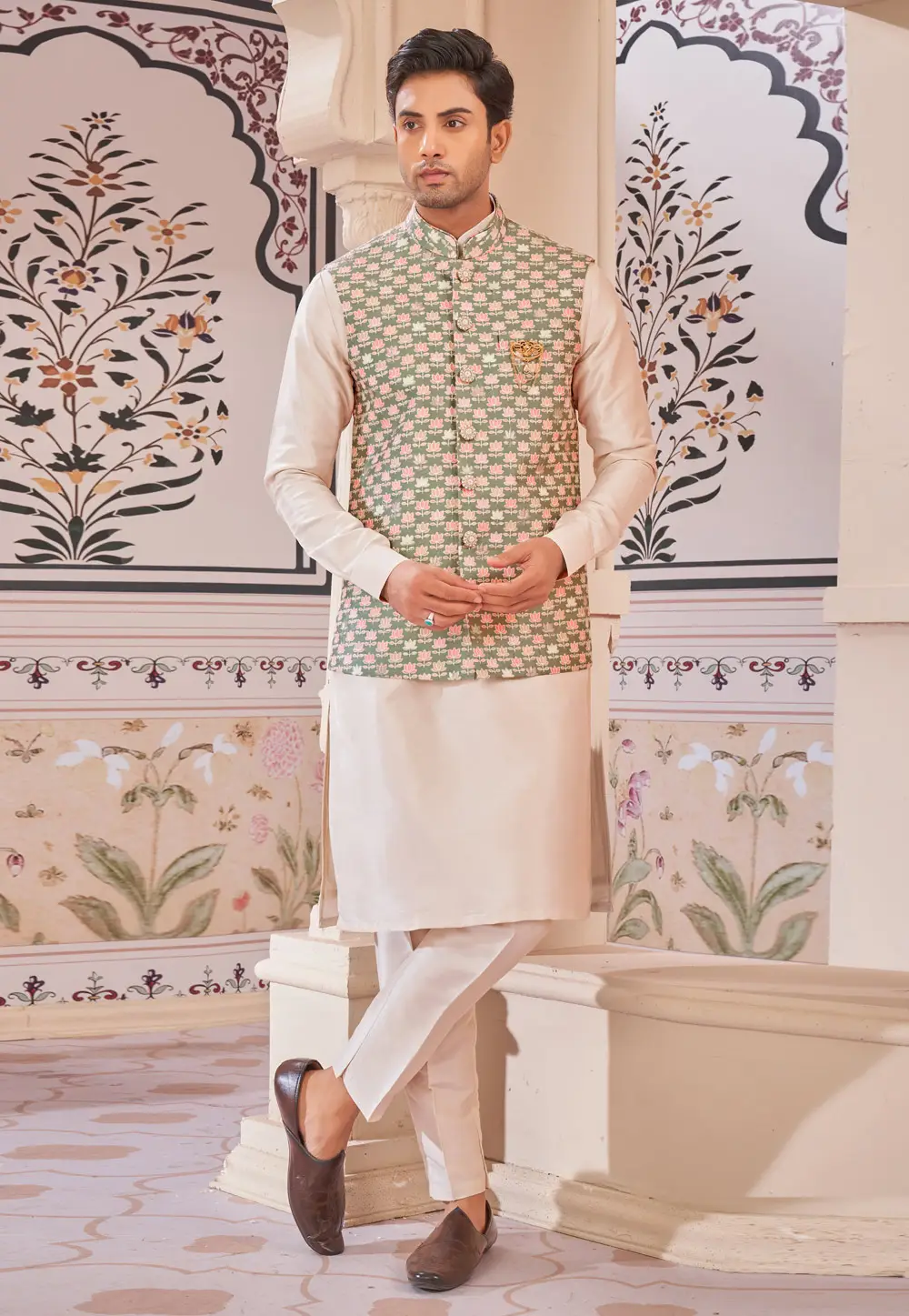 Cream Art Silk Kurta Pajama With Jacket 296628