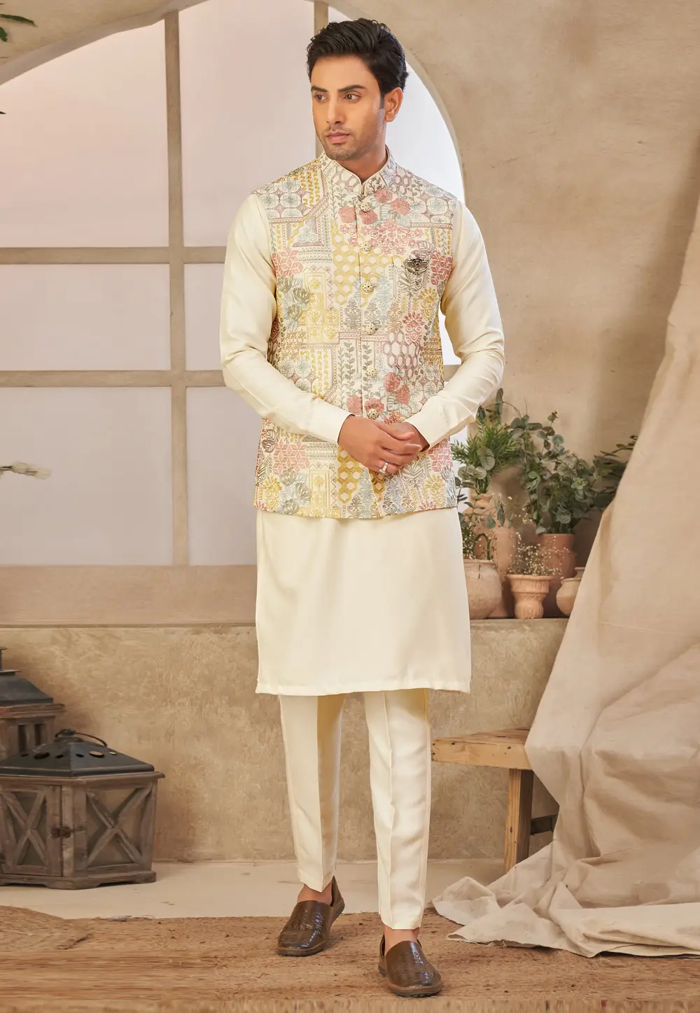 Cream Art Silk Kurta Pajama With Jacket 296635