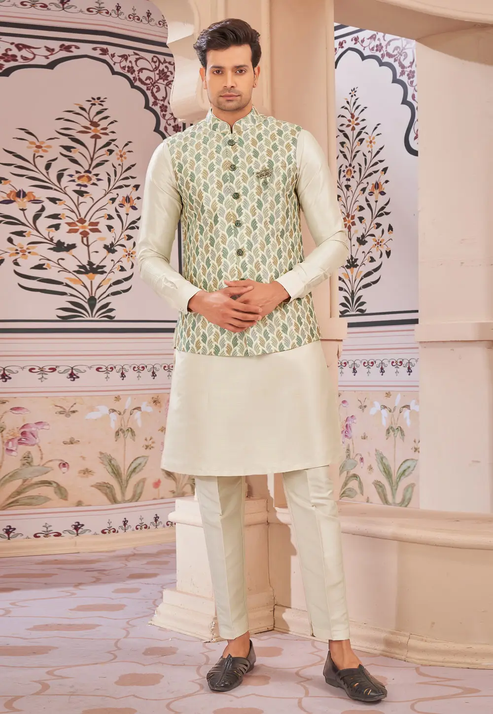 Cream Art Silk Kurta Pajama With Jacket 296658