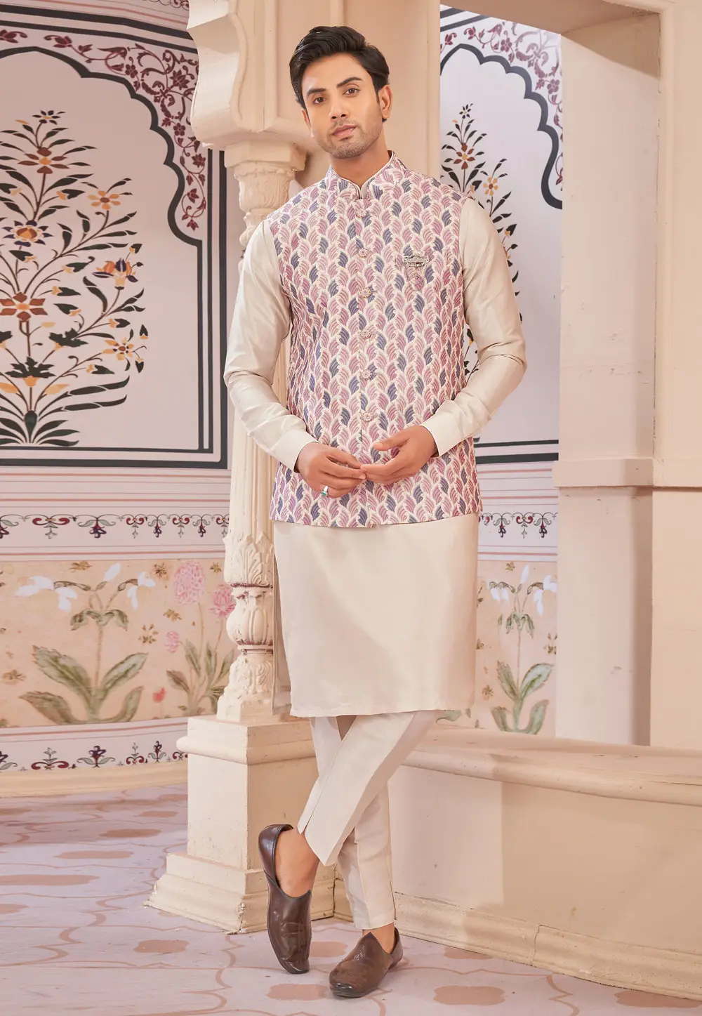 Cream Art Silk Kurta Pajama With Jacket 296659