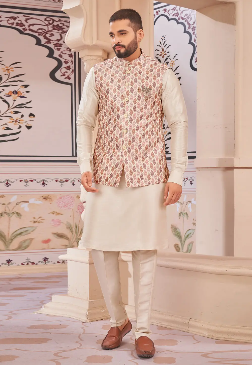 Cream Art Silk Kurta Pajama With Jacket 296660