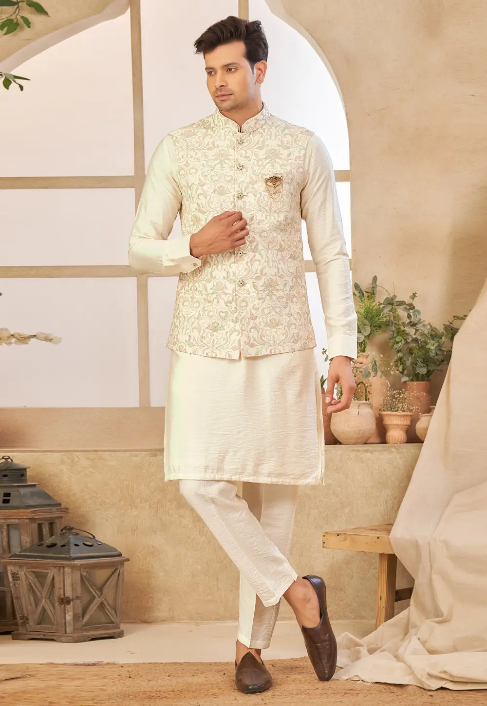 Cream Art Silk Kurta Pajama With Jacket 296686