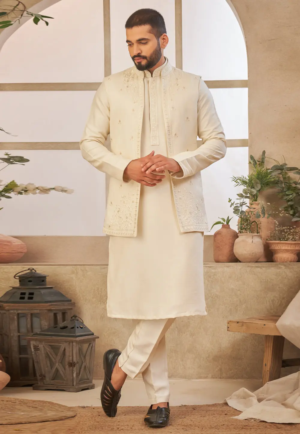 Cream Art Silk Kurta Pajama With Jacket 296700