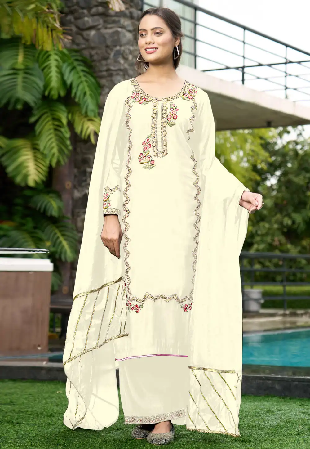 Cream Art Silk Readymade Pakistani Suit 293348