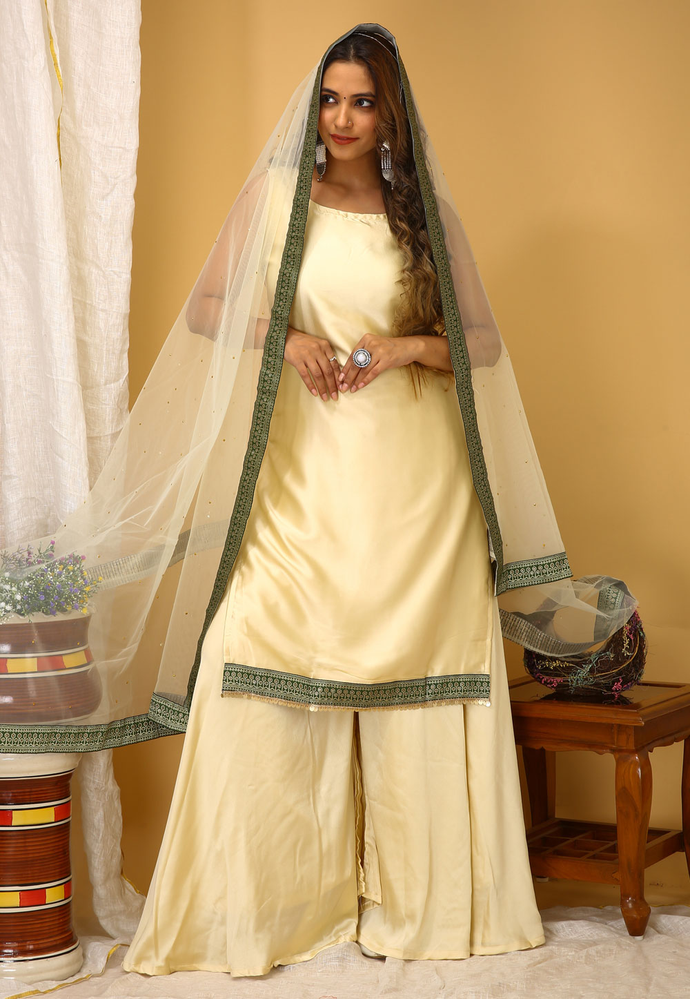 Cream Art Silk Readymade Pakistani Suit 280402