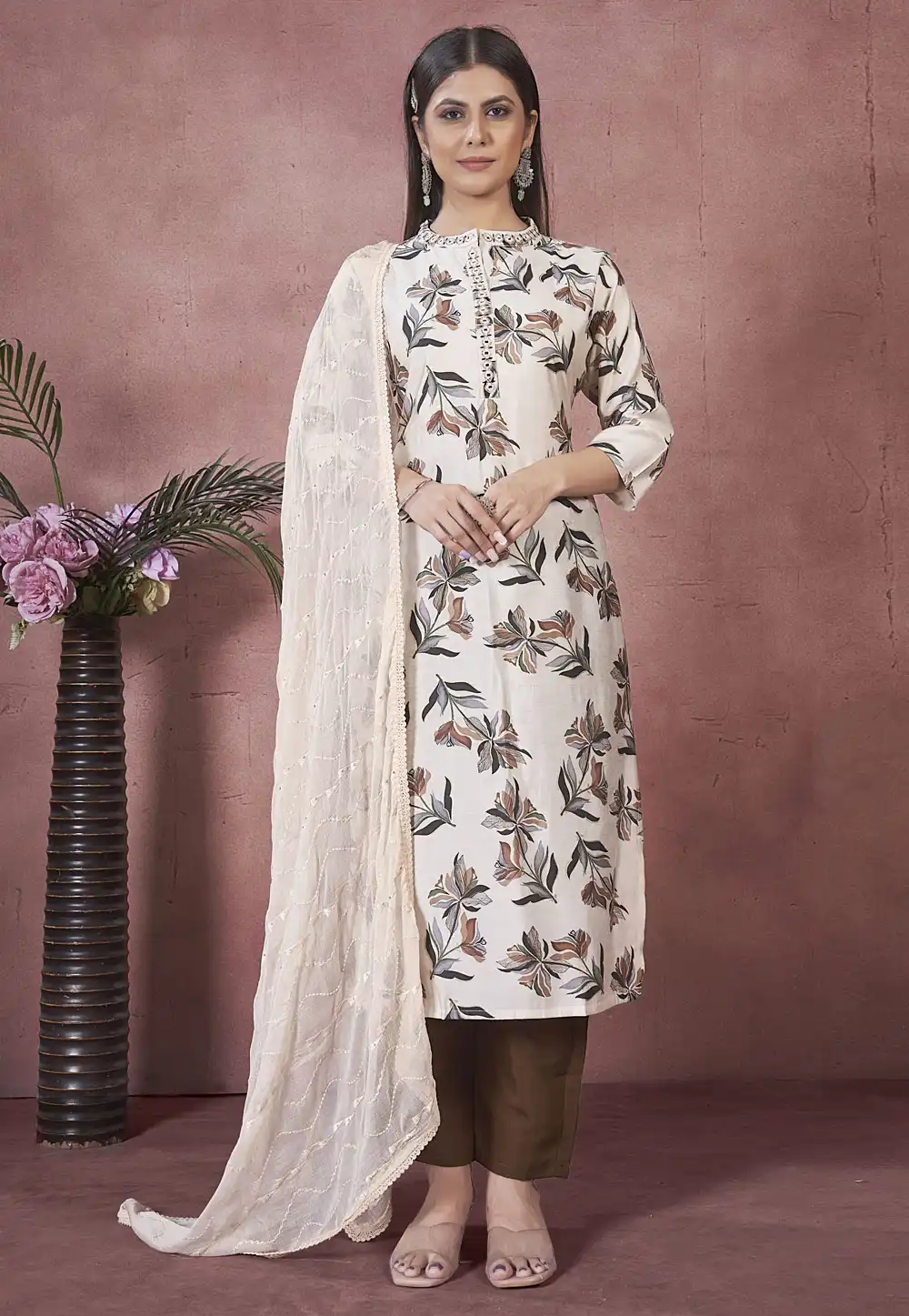 Cream Art Silk Readymade Pant Style Suit 291158