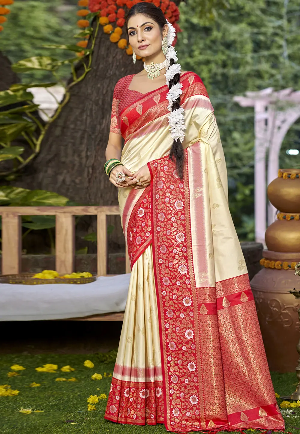 Cream Art Silk Saree With Blouse 303087