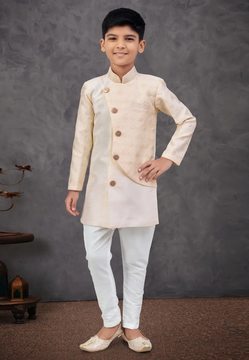 Cream Banarasi Jacquard Kids Indo Western Sherwani 303775