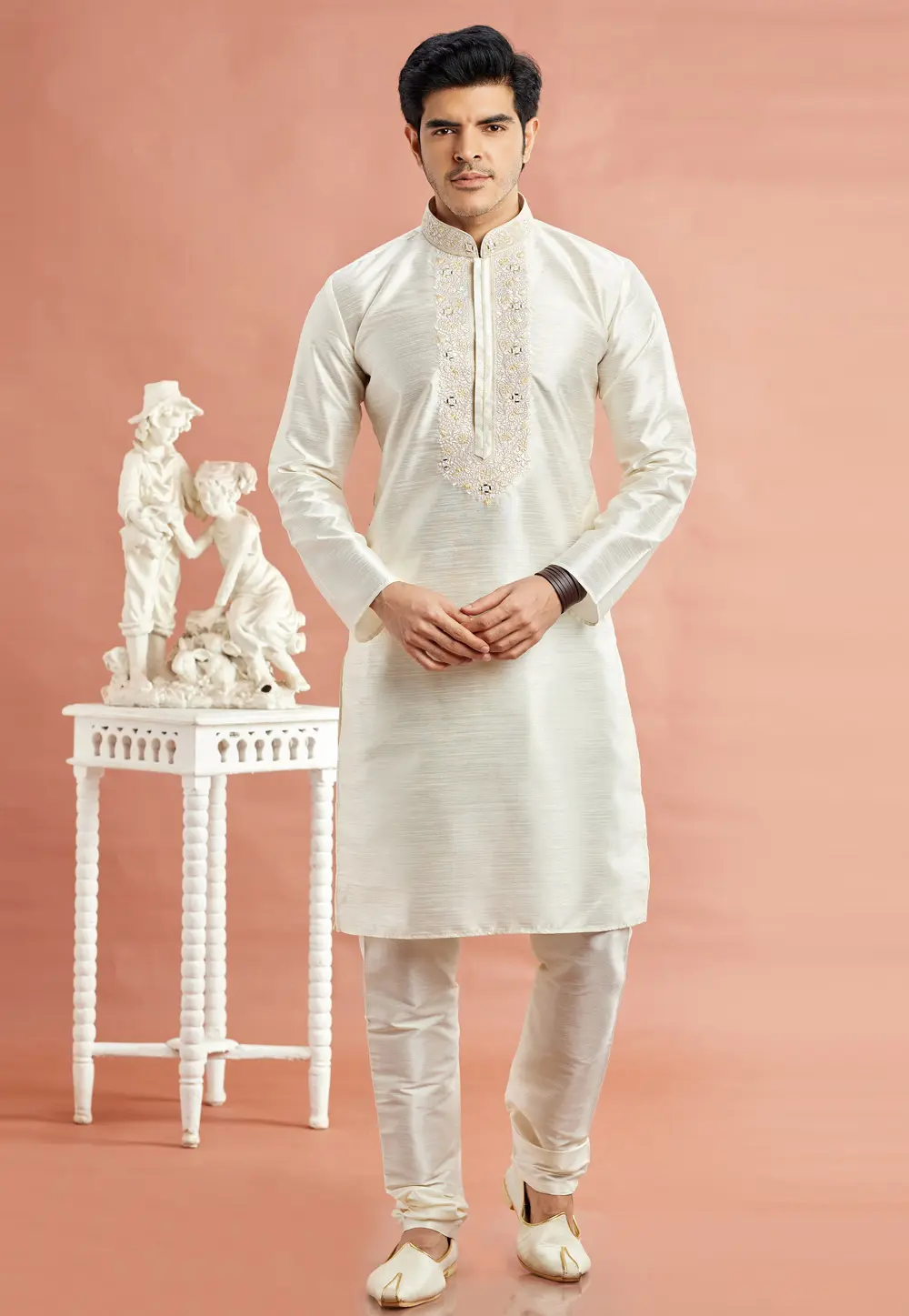 Cream Banarasi Kurta Pajama 297512