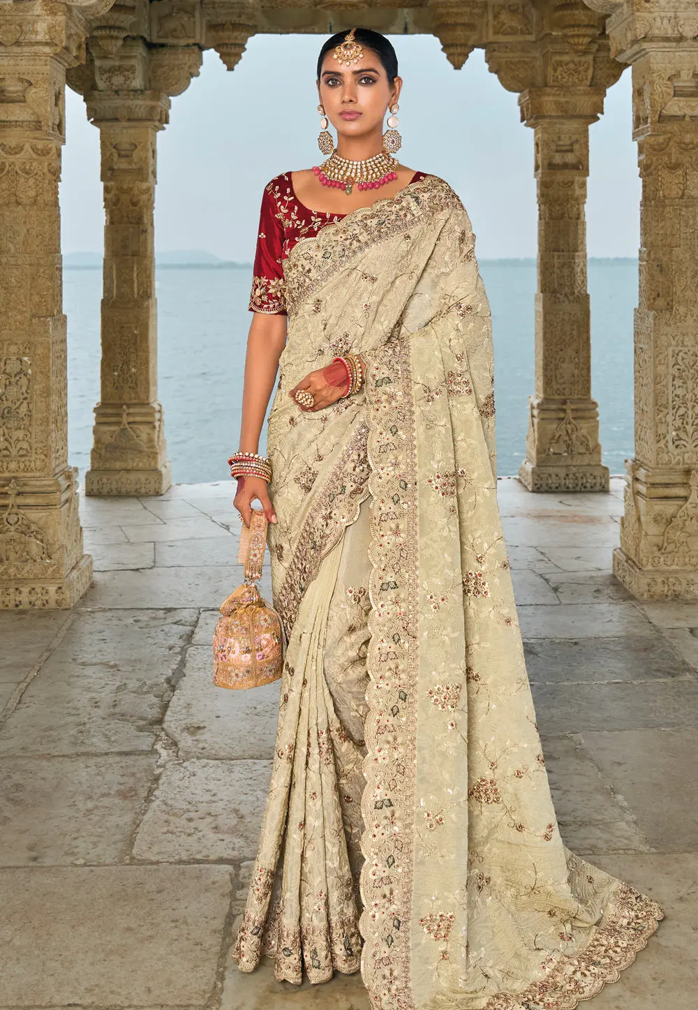 Cream Banarasi Saree 299490