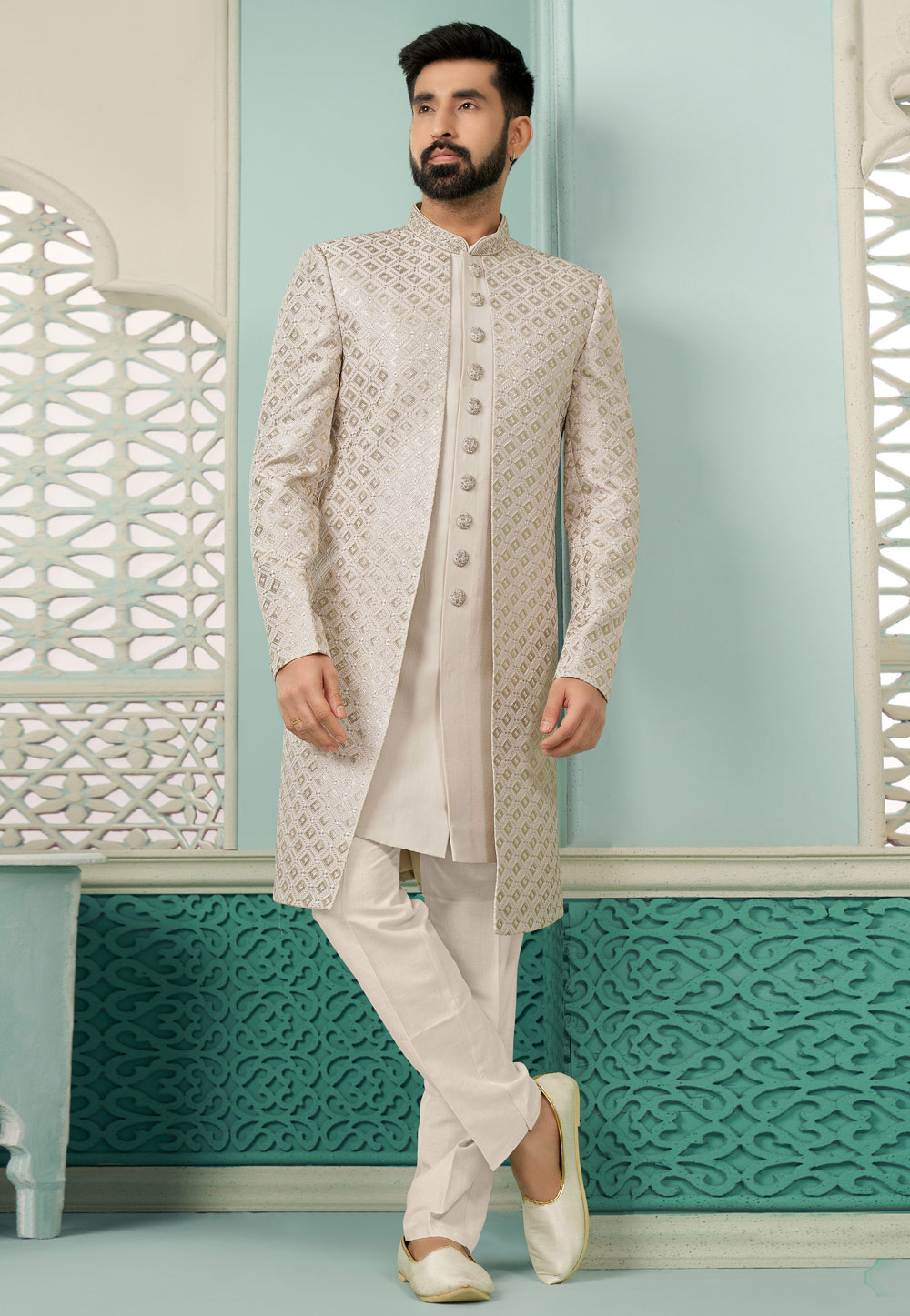 Cream Banarasi Silk Jacket Style Sherwani 285350