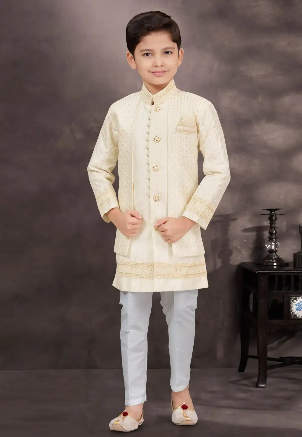 Cream Banarasi Silk Kids Indo Western Suit 292999