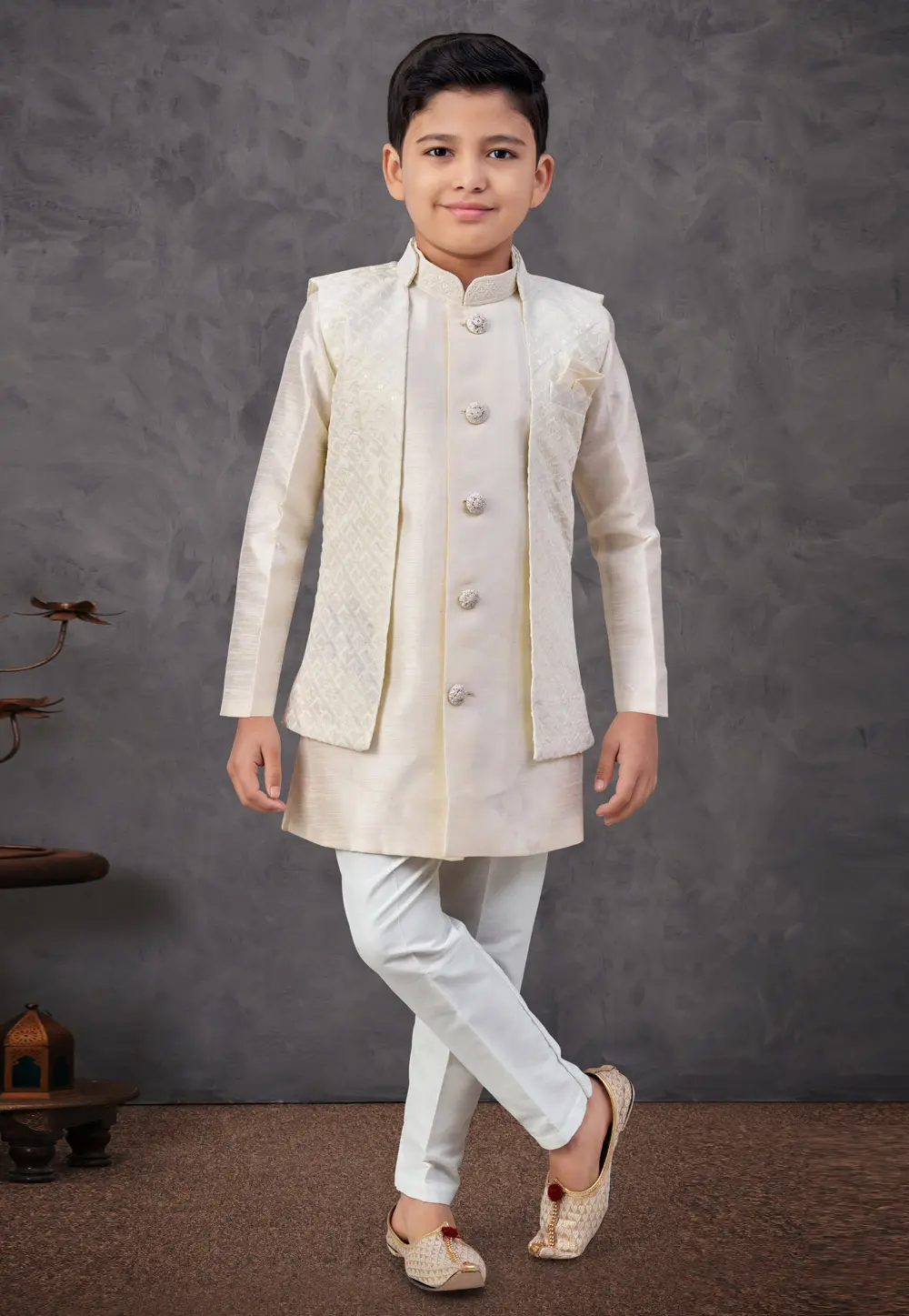 Cream Banarasi Silk Kids Indo Western Suit 303782