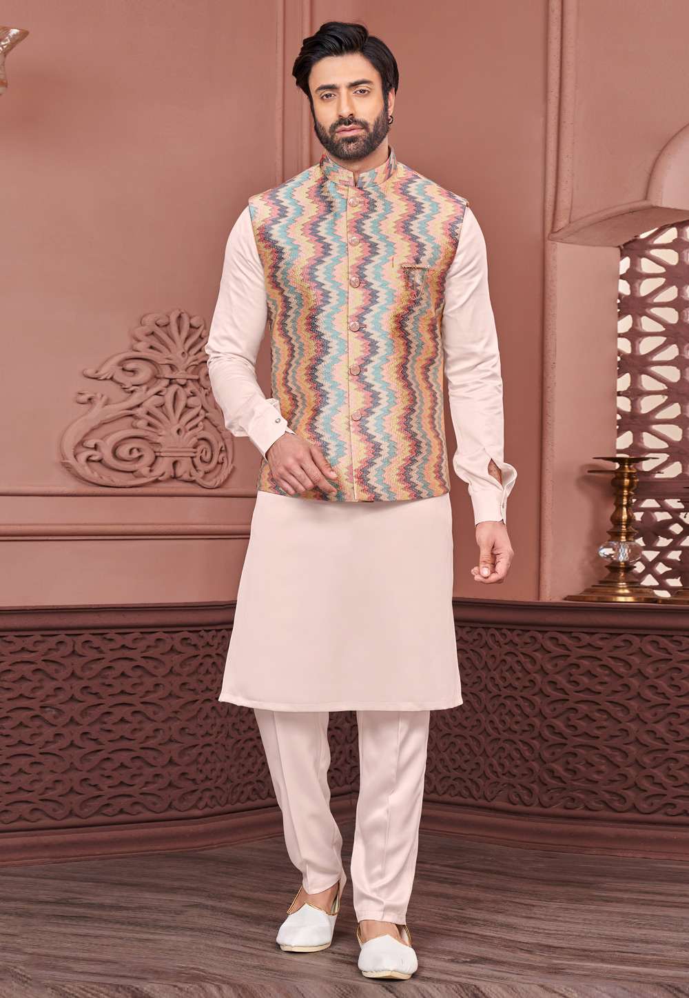 Cream Banarasi Silk Kurta Pajama With Jacket 278264
