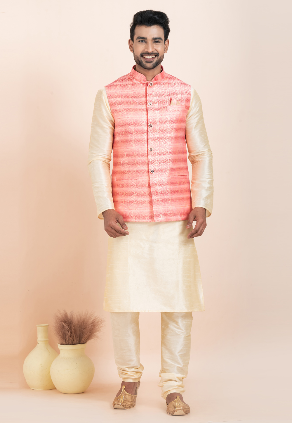 Cream Banarasi Silk Kurta Pajama With Jacket 304848