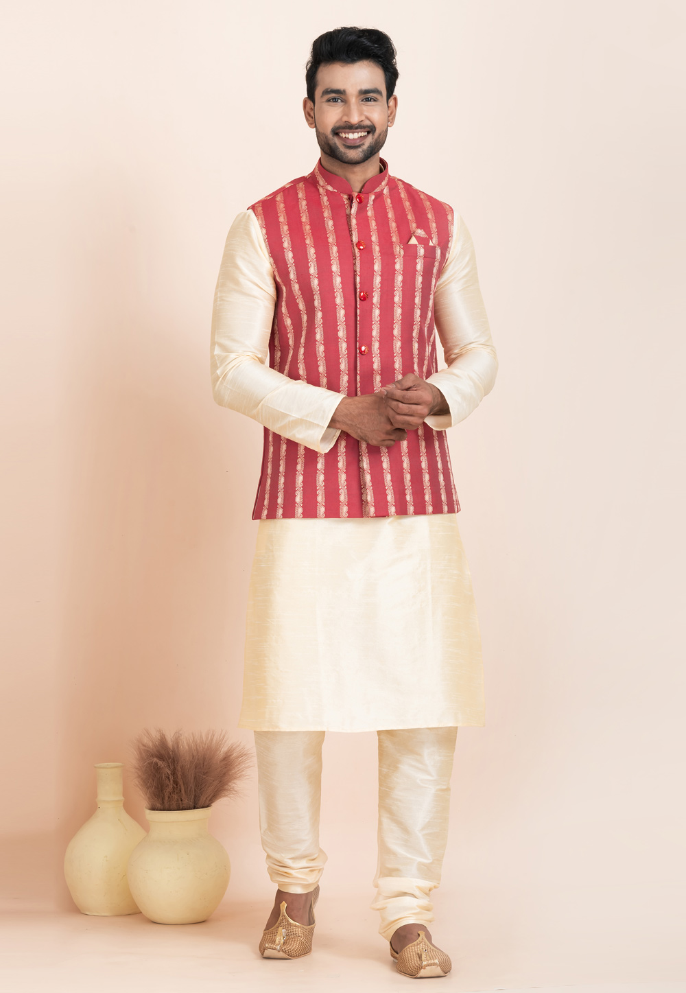 Cream Banarasi Silk Kurta Pajama With Jacket 304849