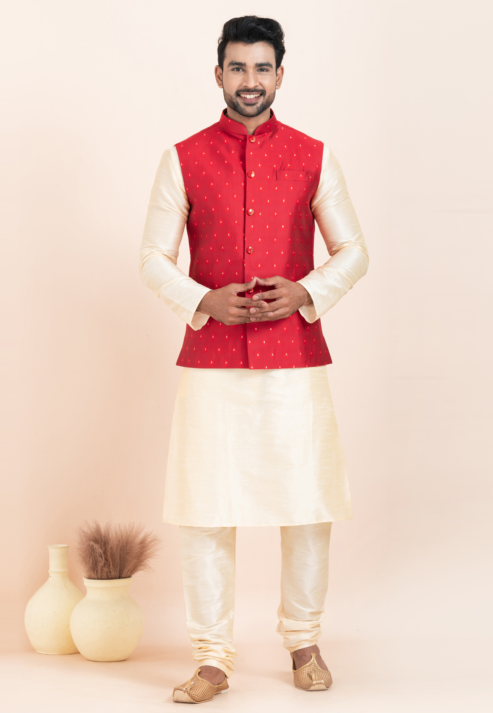 Cream Banarasi Silk Kurta Pajama With Jacket 304850