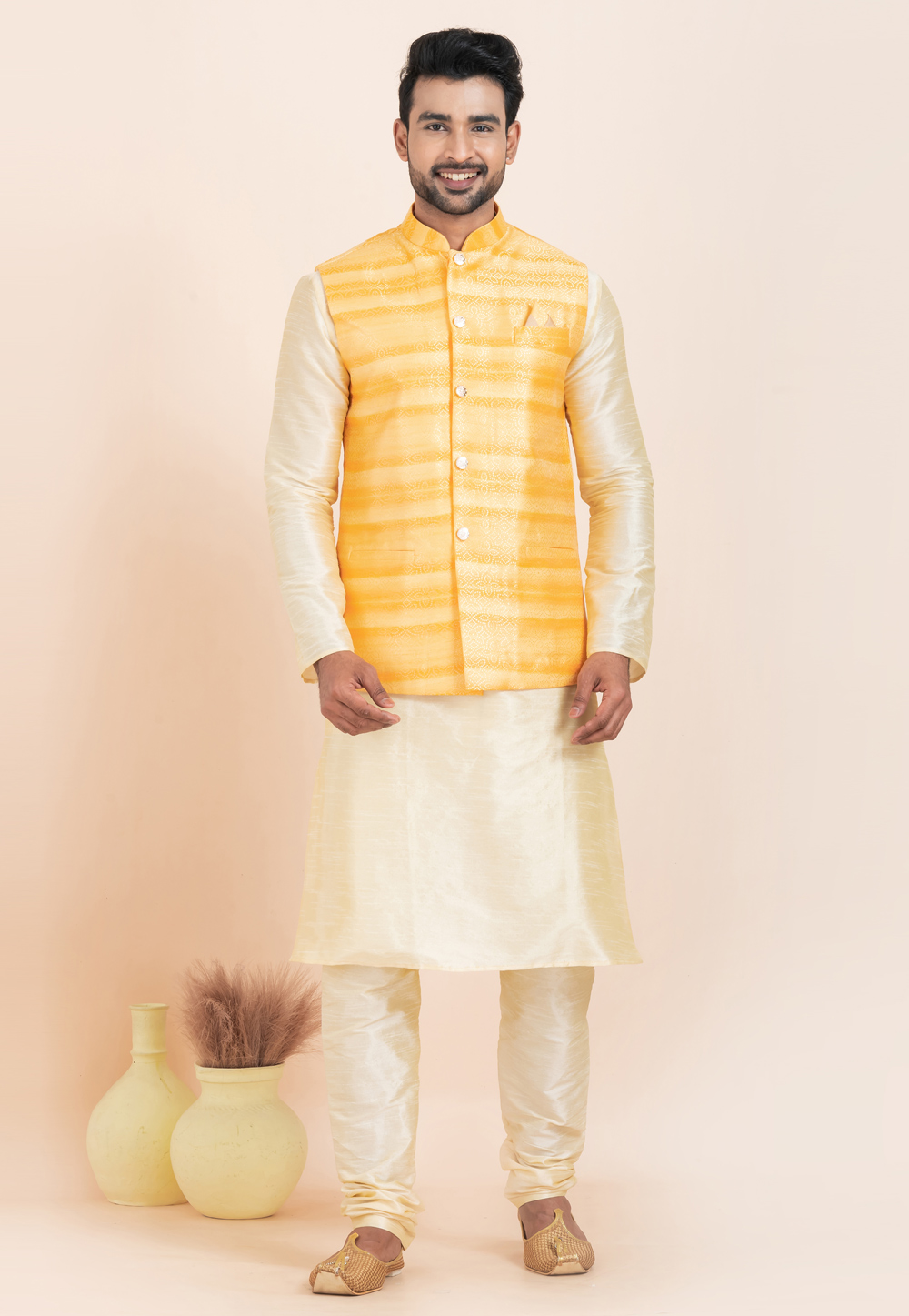 Cream Banarasi Silk Kurta Pajama With Jacket 304851