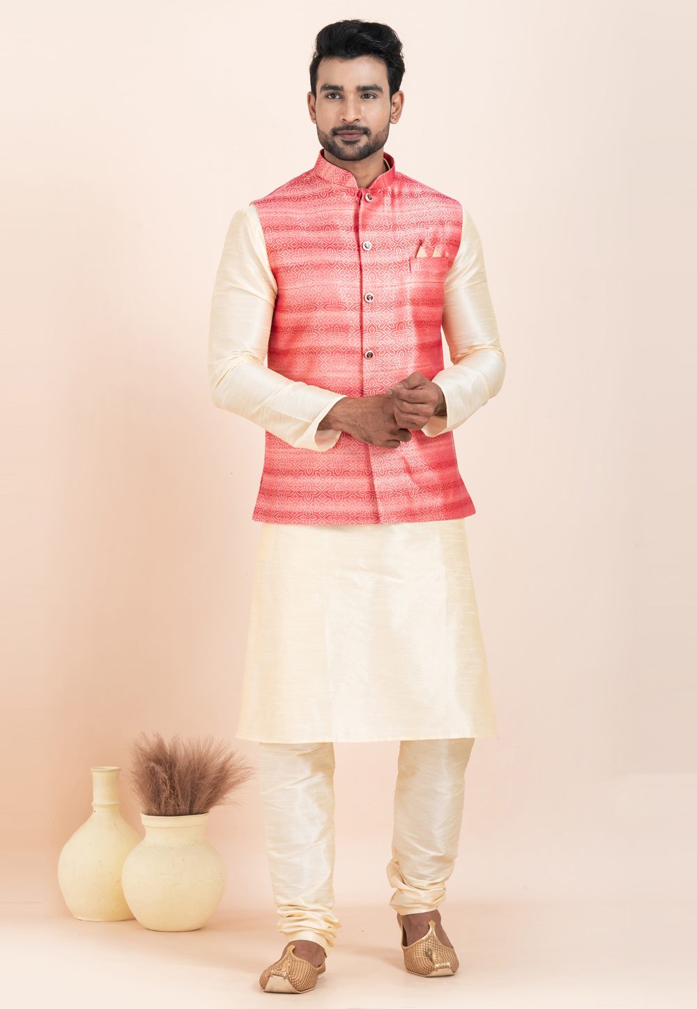 Cream Banarasi Silk Kurta Pajama With Jacket 304852