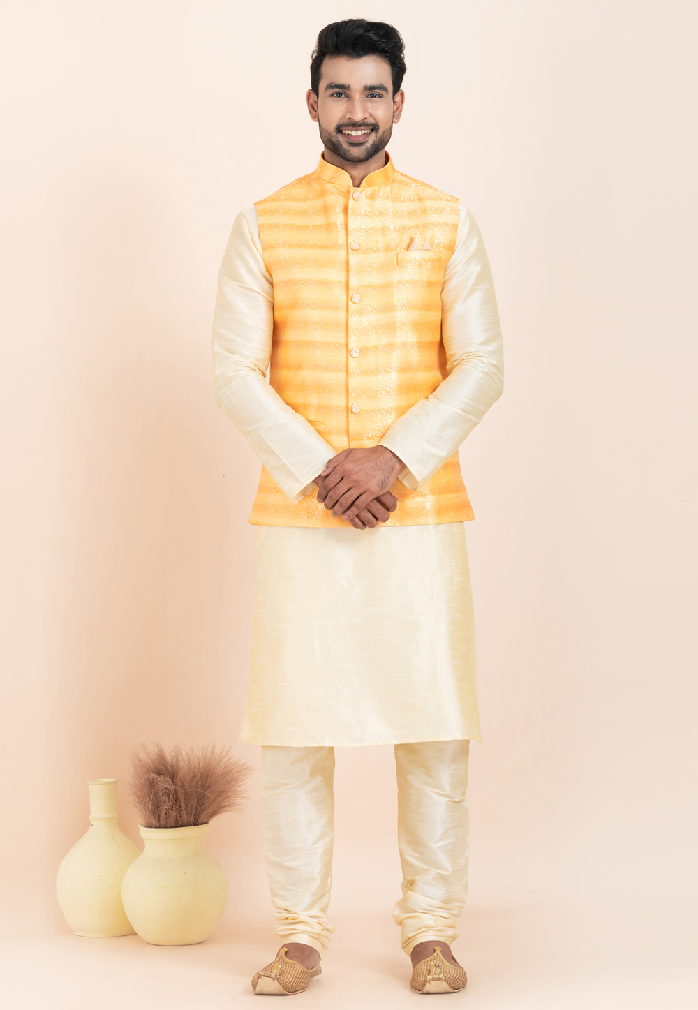 Cream Banarasi Silk Kurta Pajama With Jacket 304853