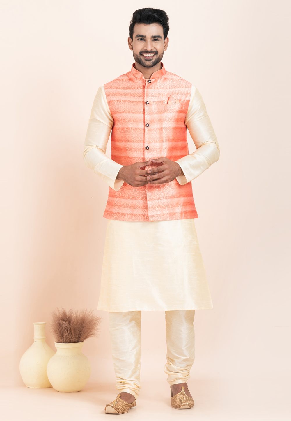 Cream Banarasi Silk Kurta Pajama With Jacket 304854