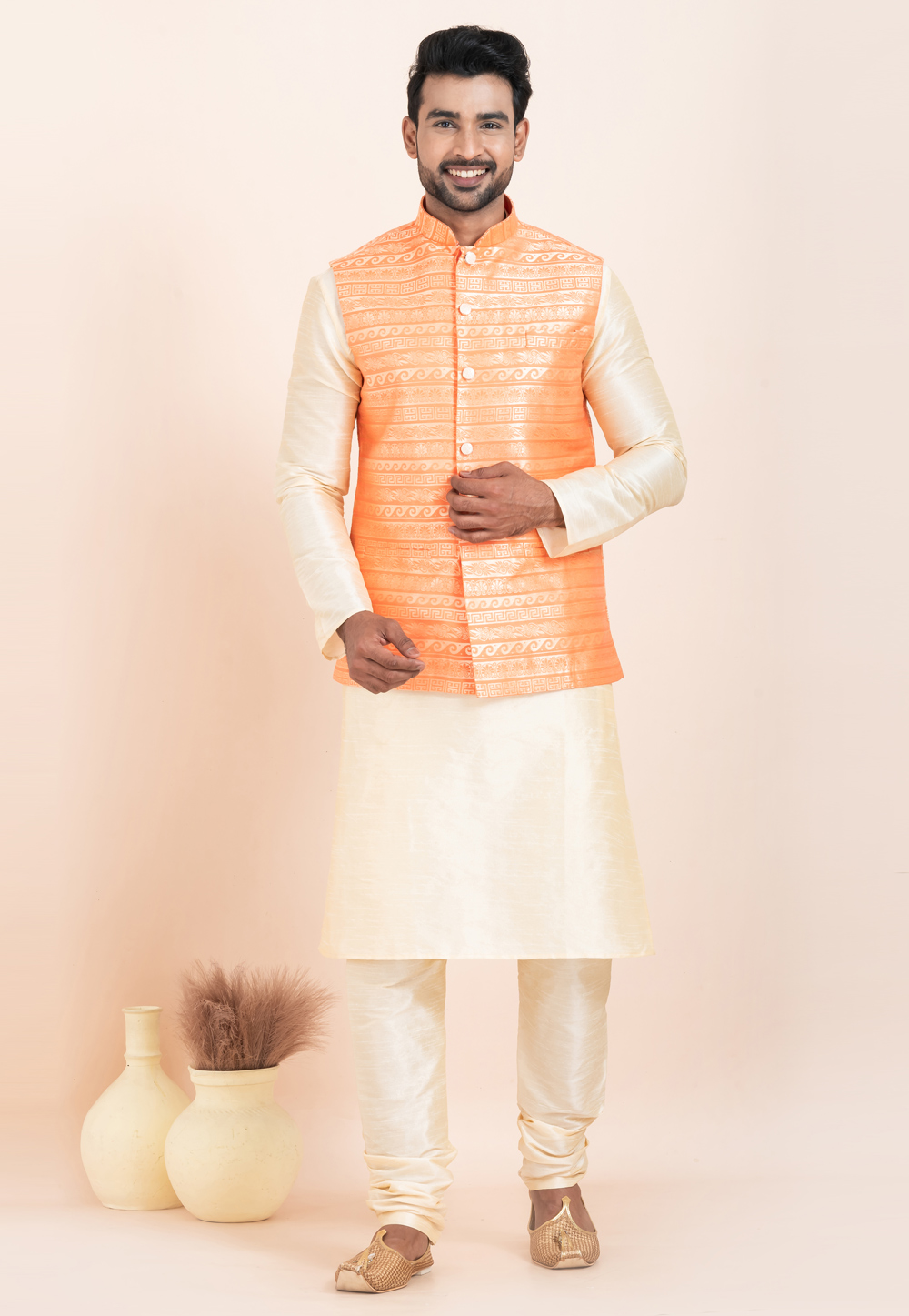 Cream Banarasi Silk Kurta Pajama With Jacket 304855