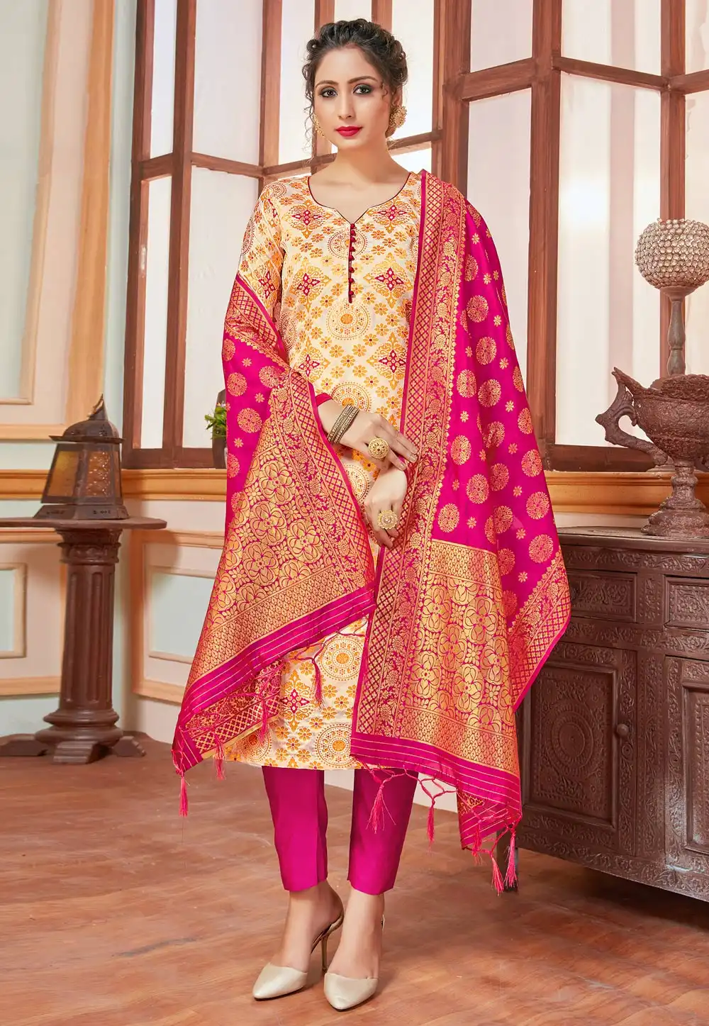 Cream Banarasi Silk Readymade Pakistani Suit 288950