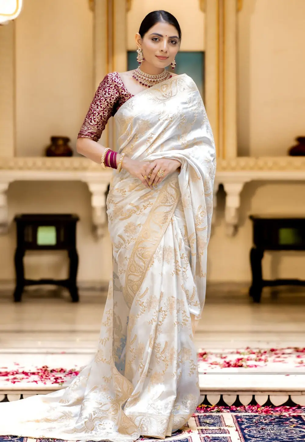 Cream Banarasi Silk Saree 298161