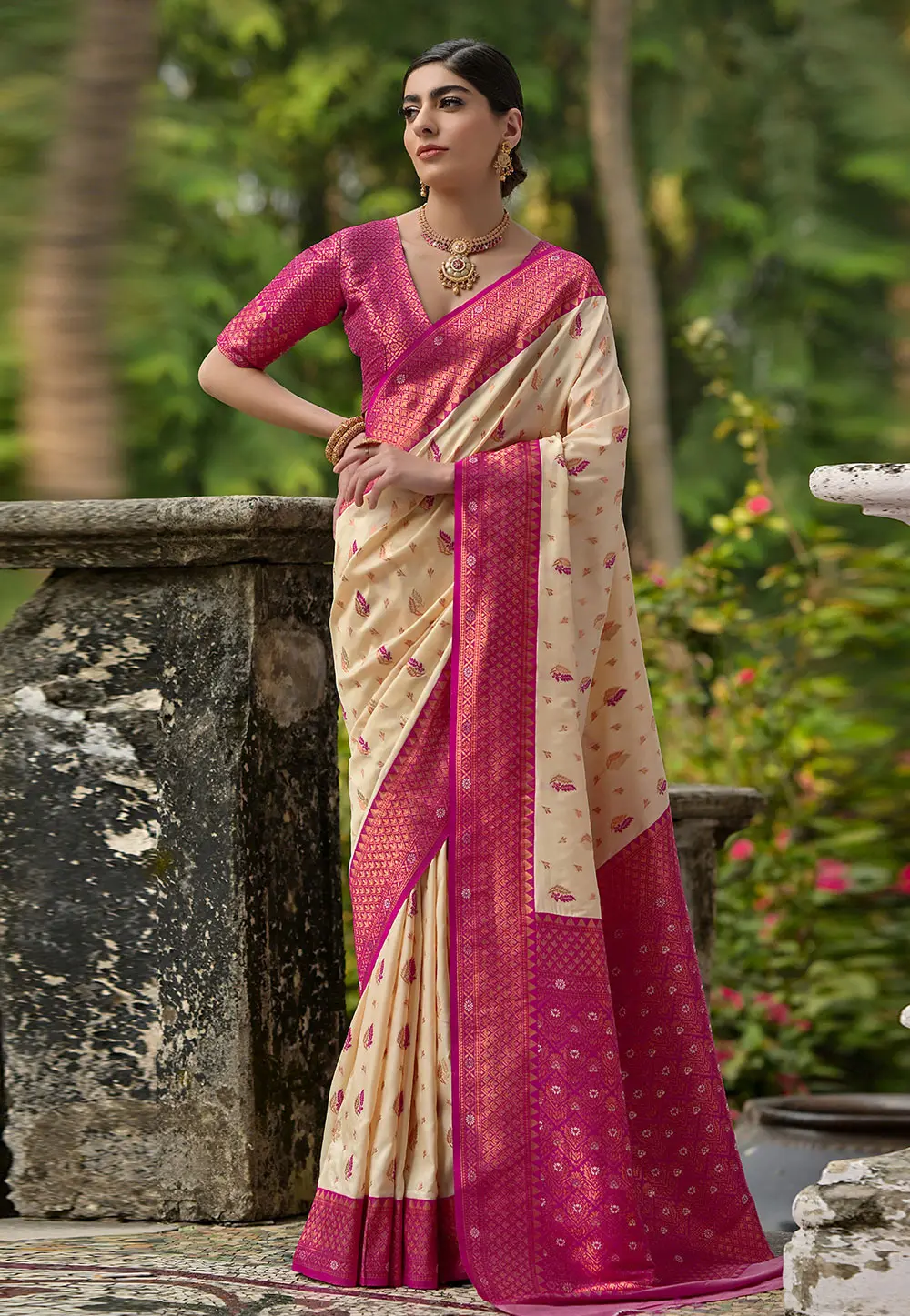 Cream Banarasi Silk Saree 303430