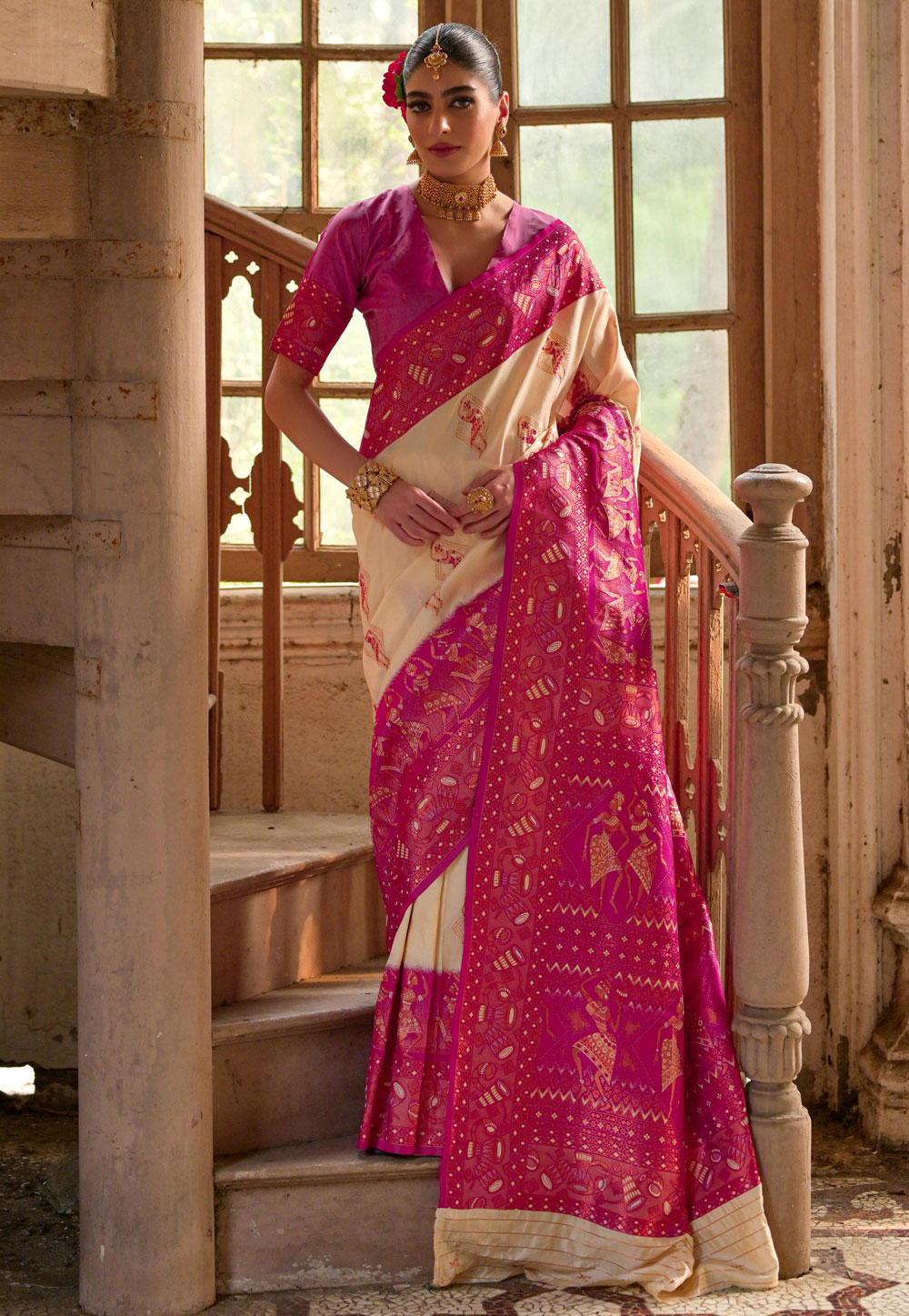 Cream Banarasi Silk Saree With Blouse 310004