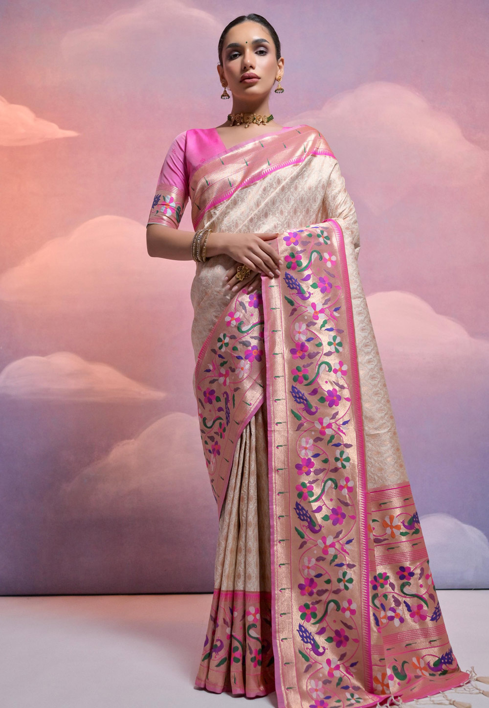 Cream Banarasi Silk Saree With Blouse 281788