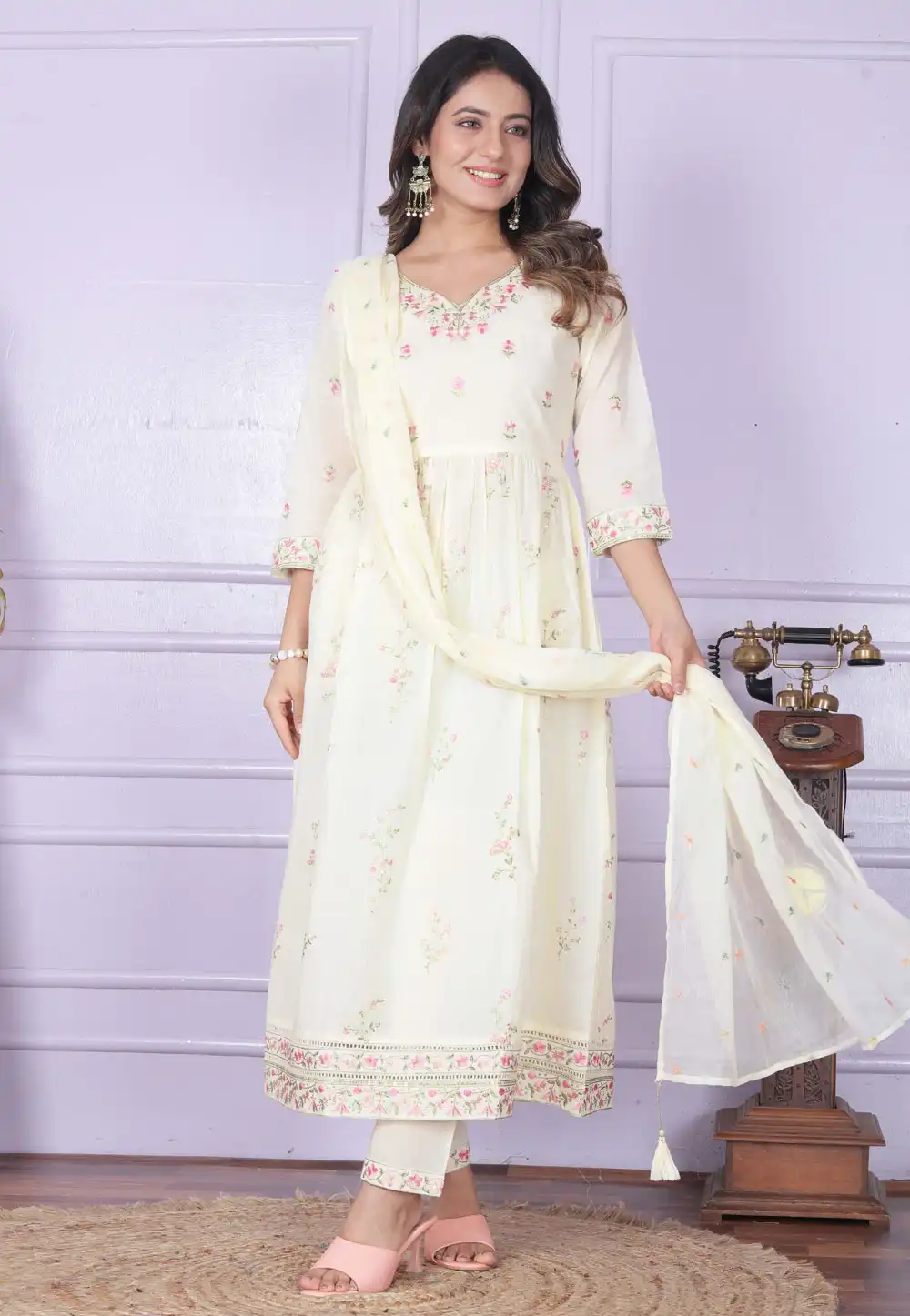 Cream Cambric Cotton Readymade Anarkali Suit 289145