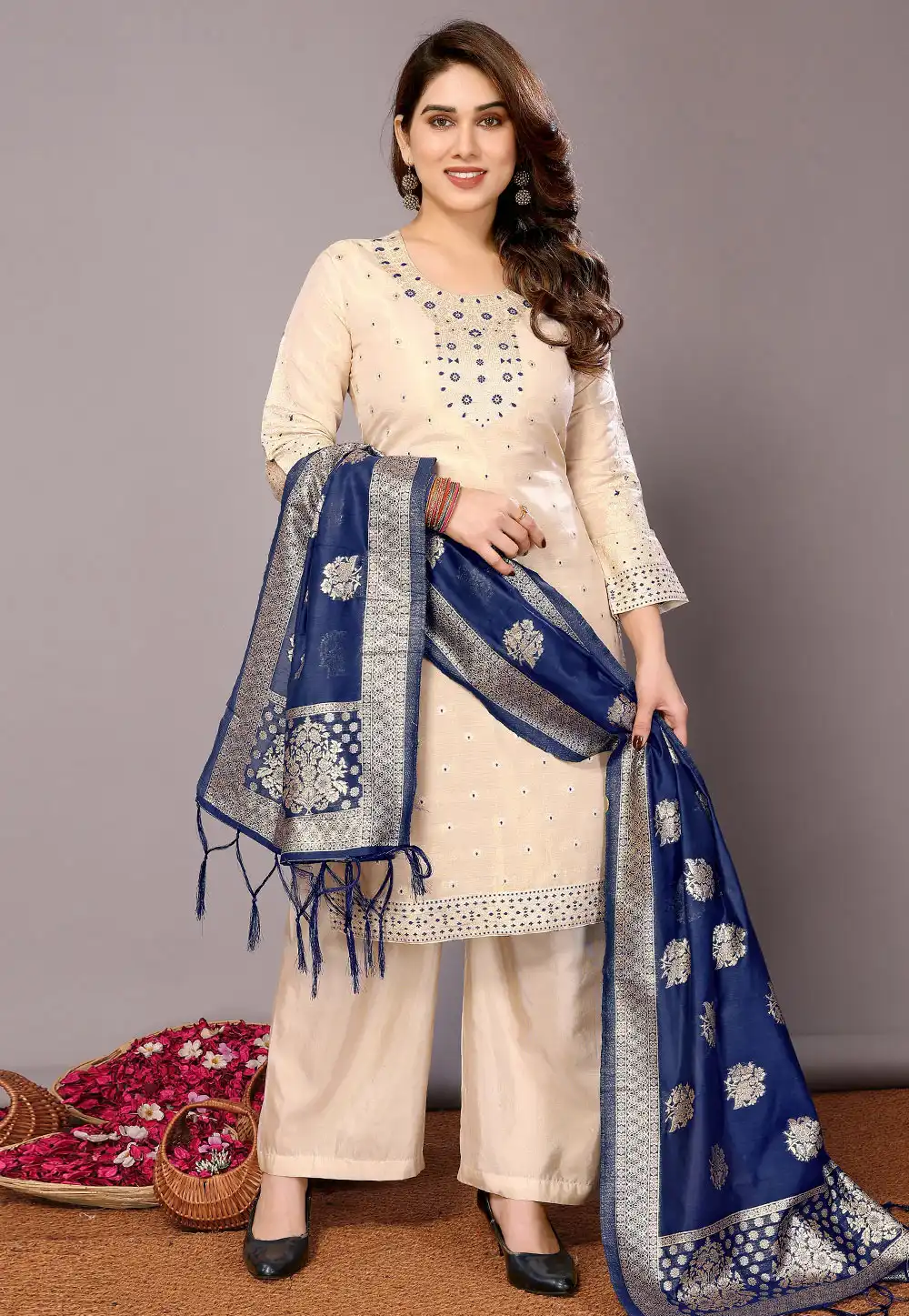 Cream Chanderi Cotton Readymade Palazzo Suit 290756