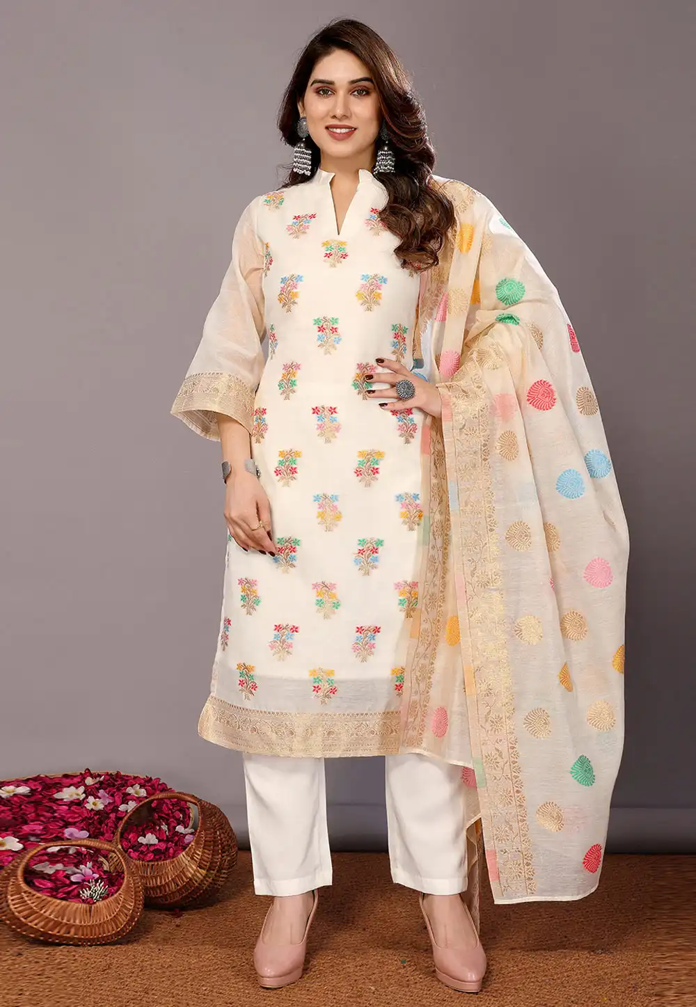 Cream Chanderi Cotton Readymade Pant Style Suit 290757