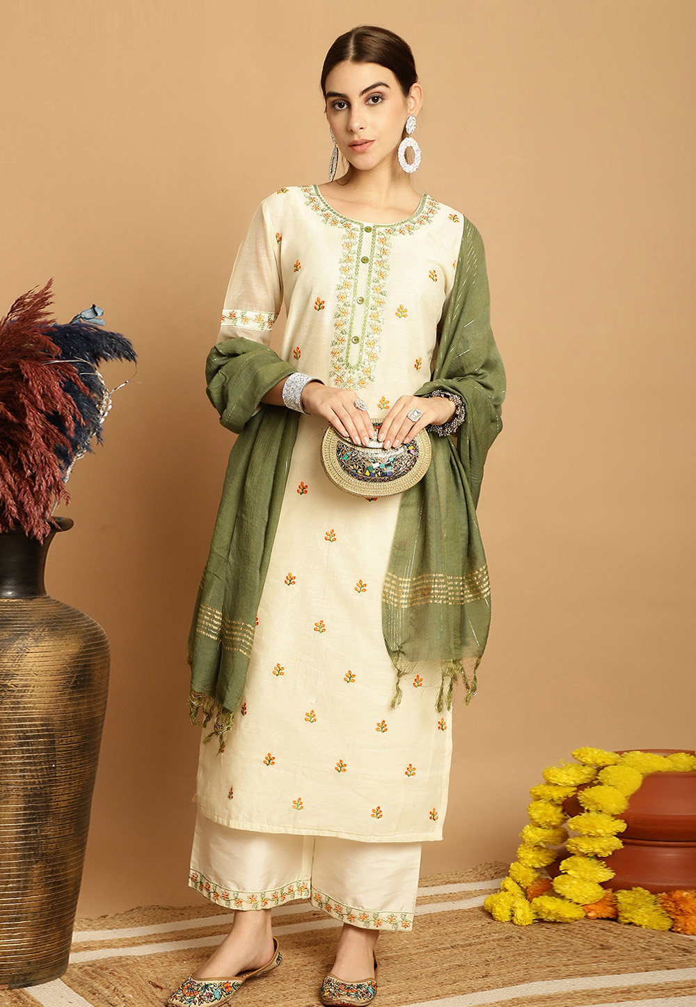 Cream Chanderi Readymade Pakistani Suit 280605