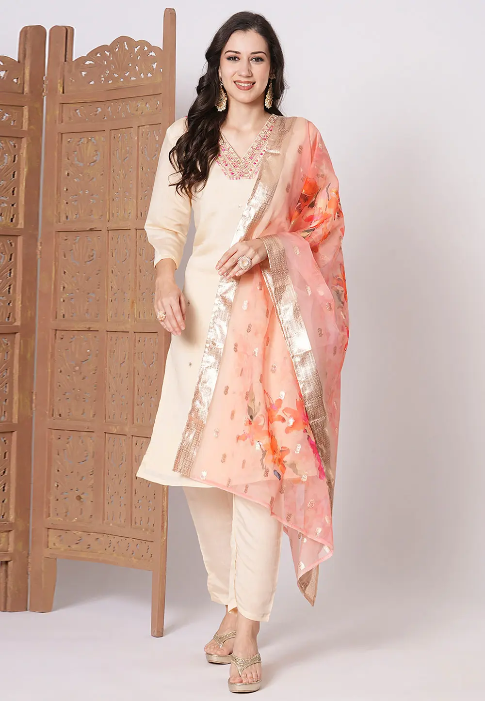 Cream Chanderi Readymade Pakistani Suit 299688