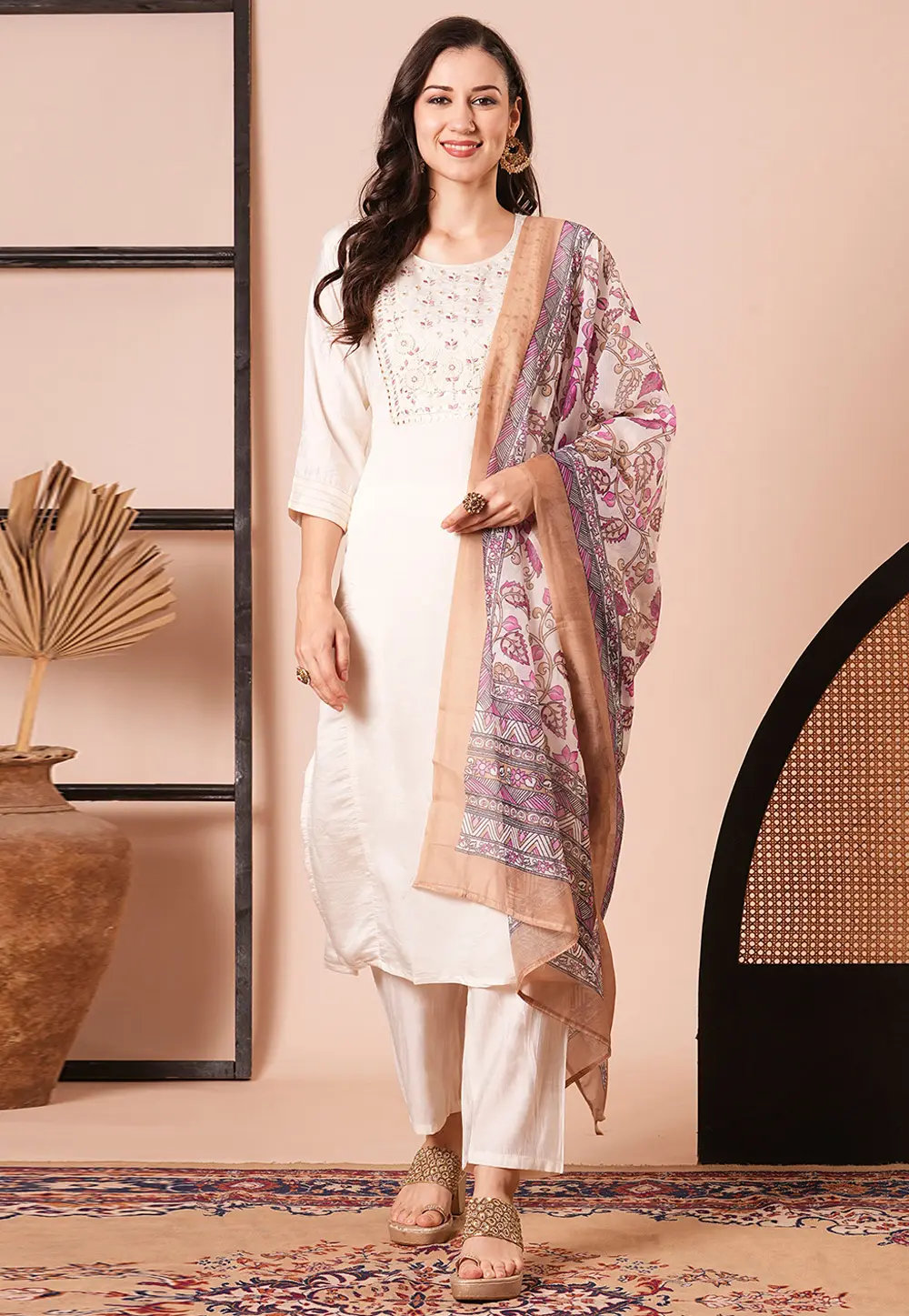 Cream Chanderi Readymade Pakistani Suit 299704