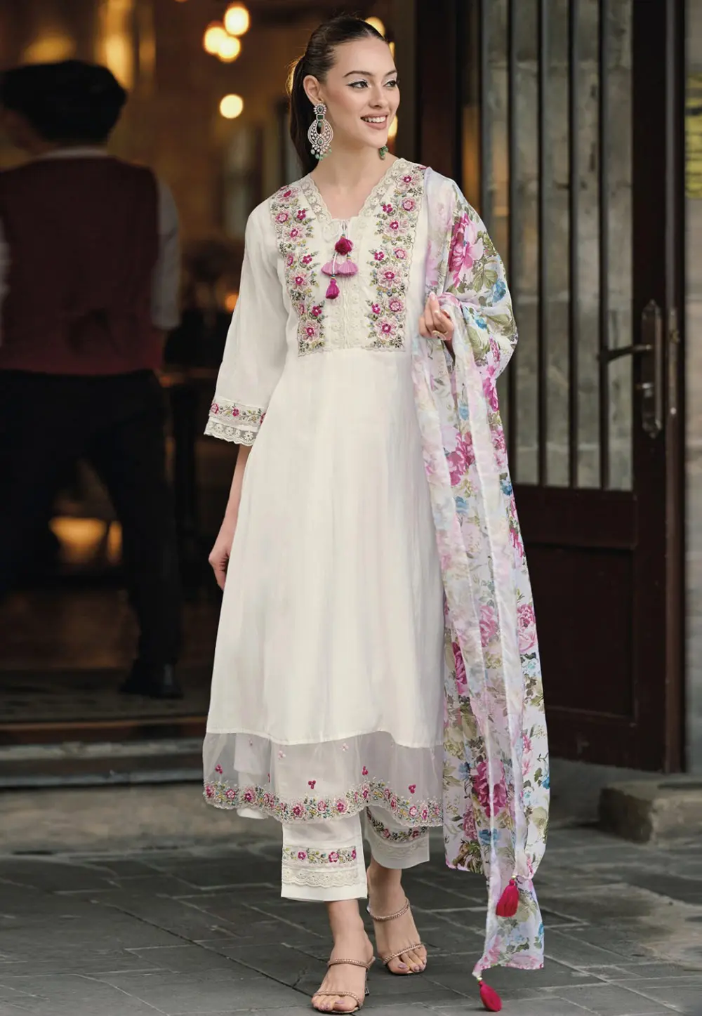 Cream Chanderi Readymade Pakistani Suit 300333