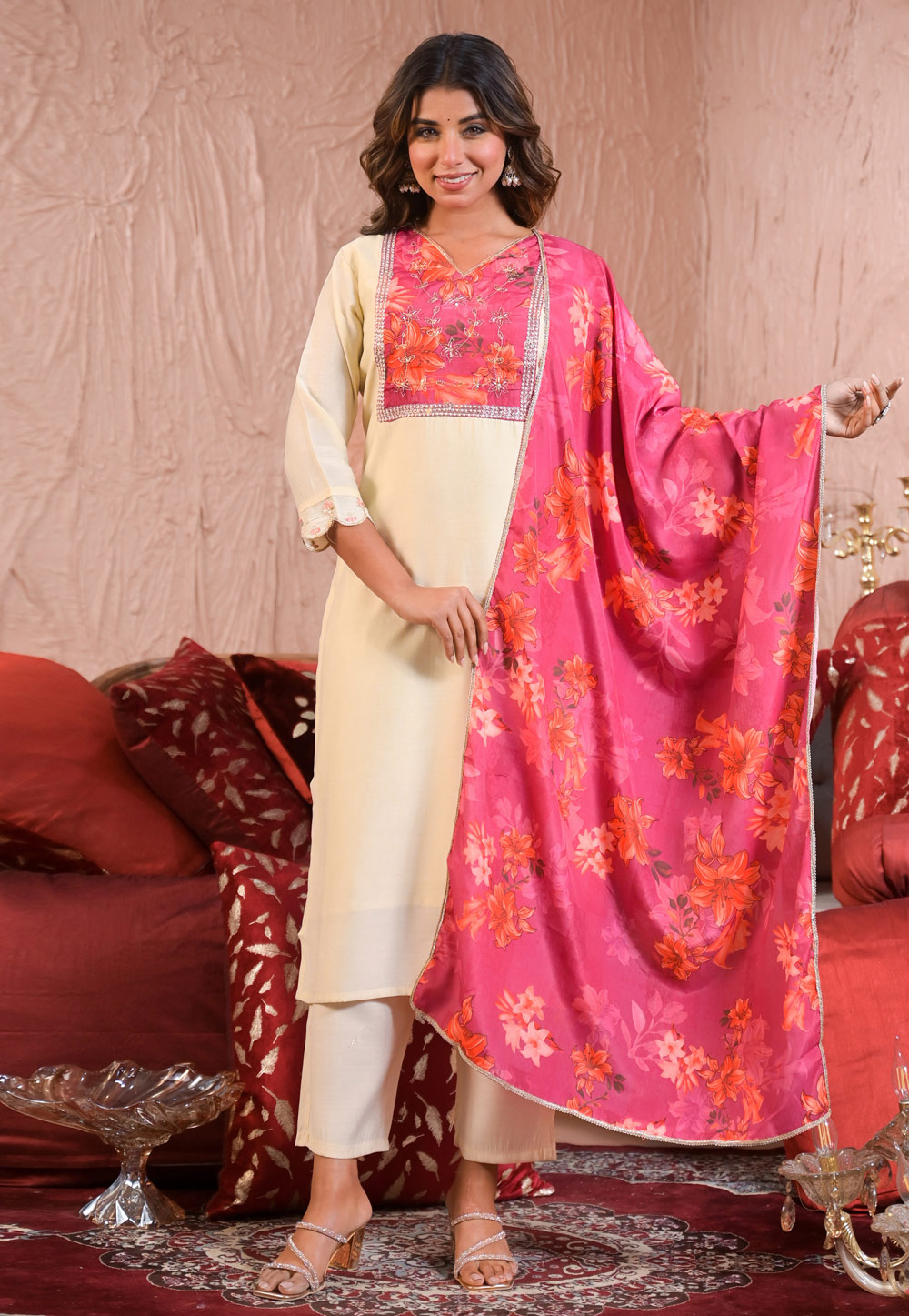 Cream Chanderi Readymade Pakistani Suit 309456