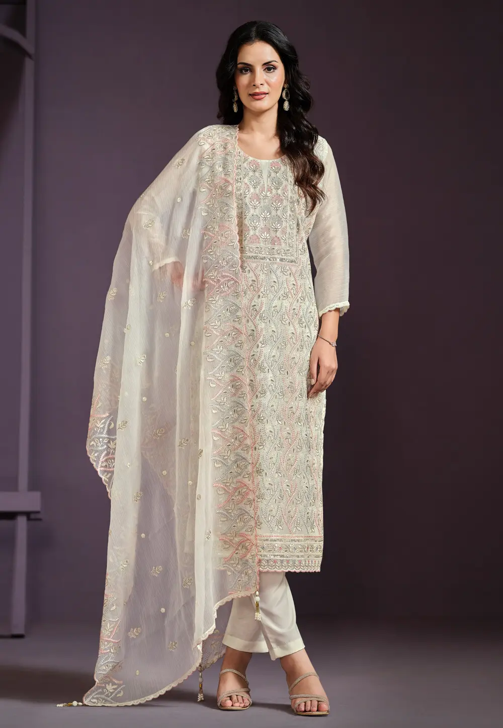 Cream Chiffon Embroidered Pant Style Suit 297958