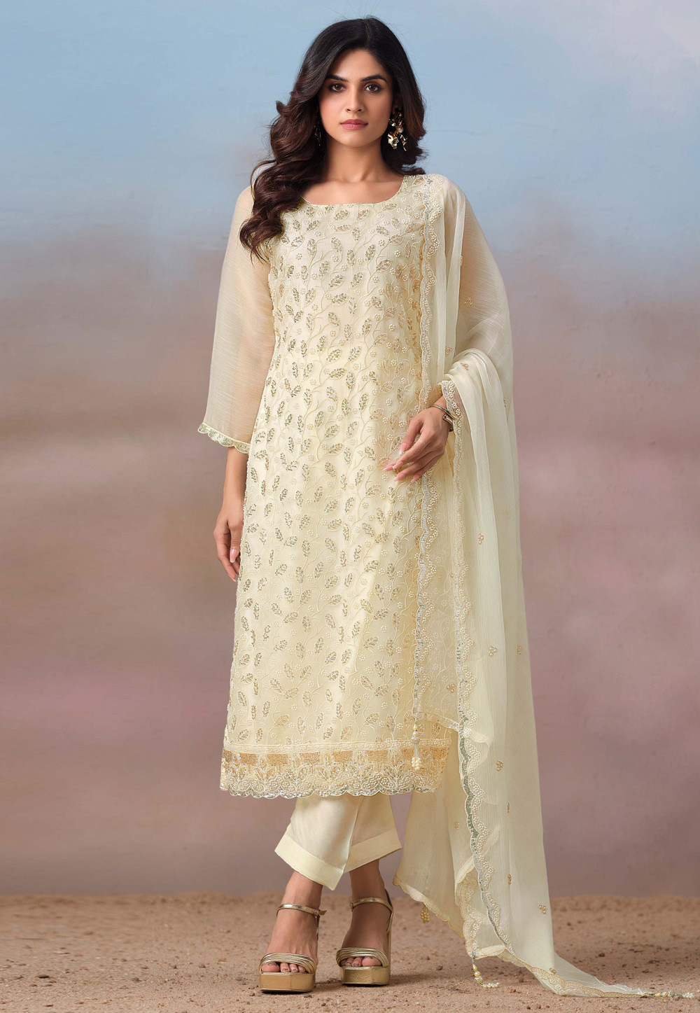 Cream Chiffon Embroidered Pant Style Suit 309327