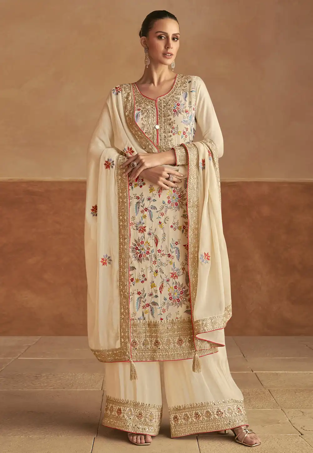 Cream Chinon Embroidered Palazzo Suit 294707