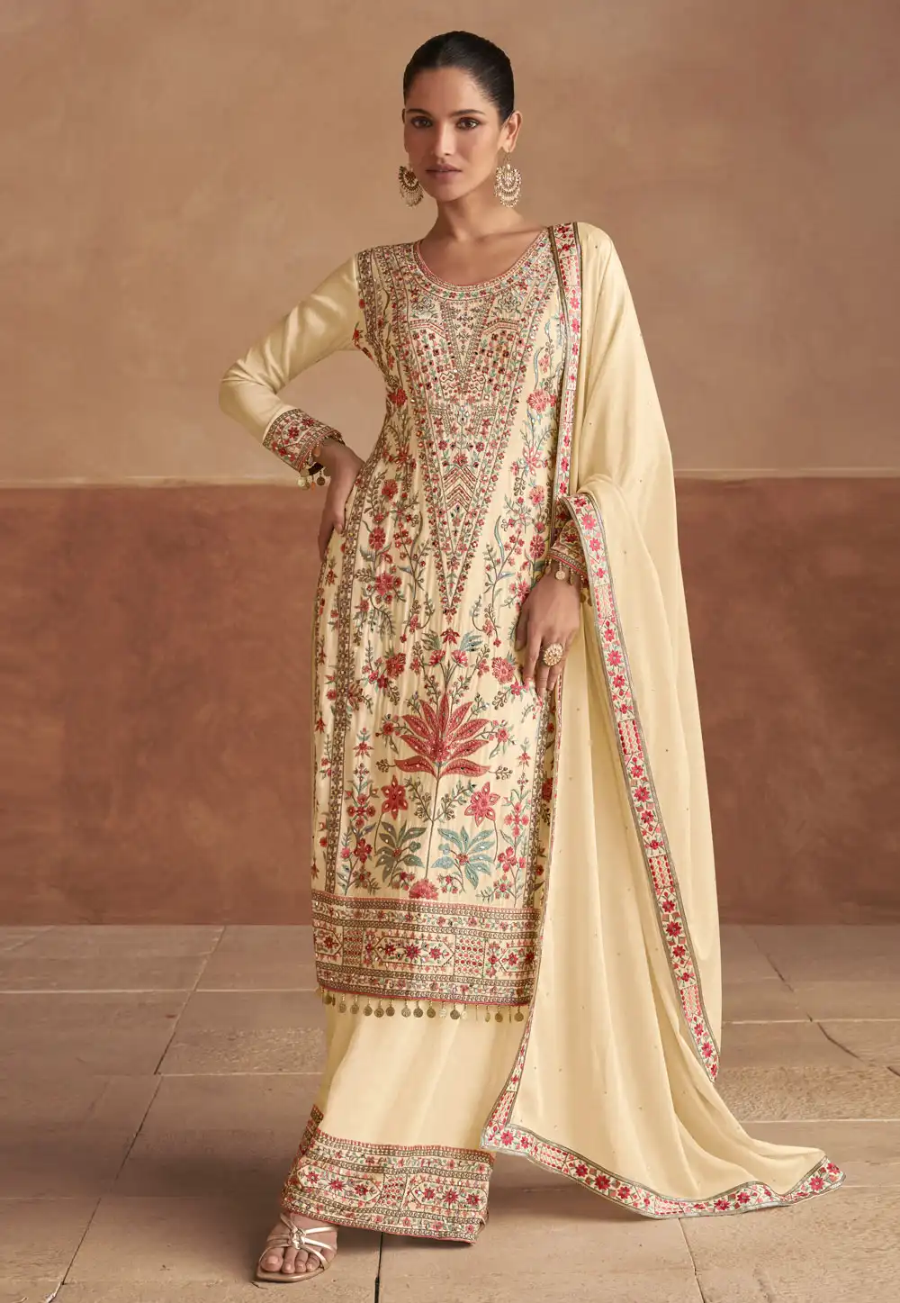 Cream Chinon Embroidered Palazzo Suit 293150