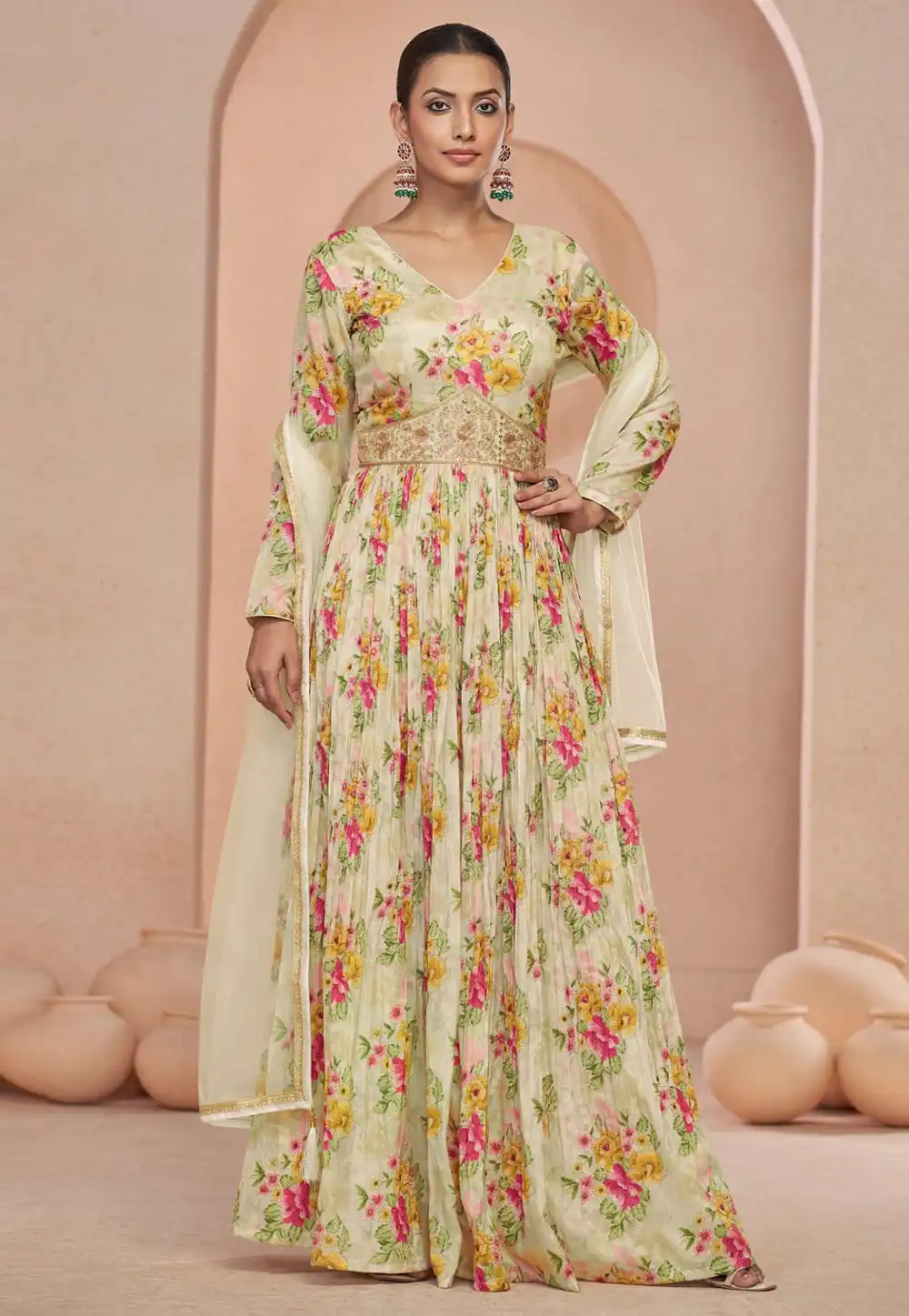 Cream Chinon Floor Length Anarkali Suit 290324