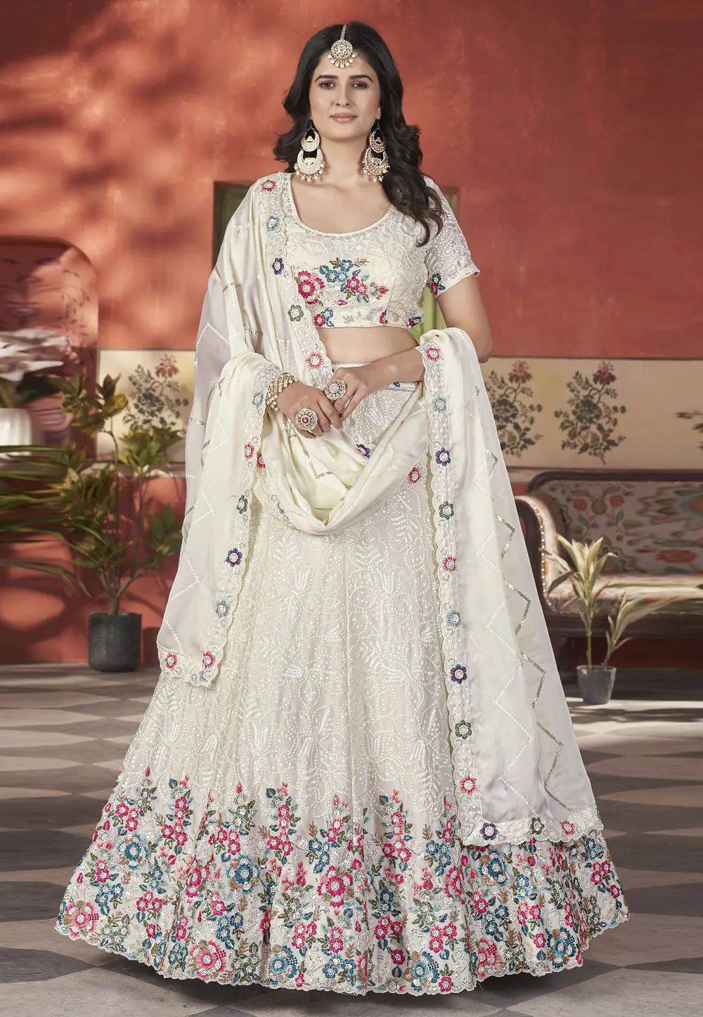 Cream Chinon Lehenga Choli 302931