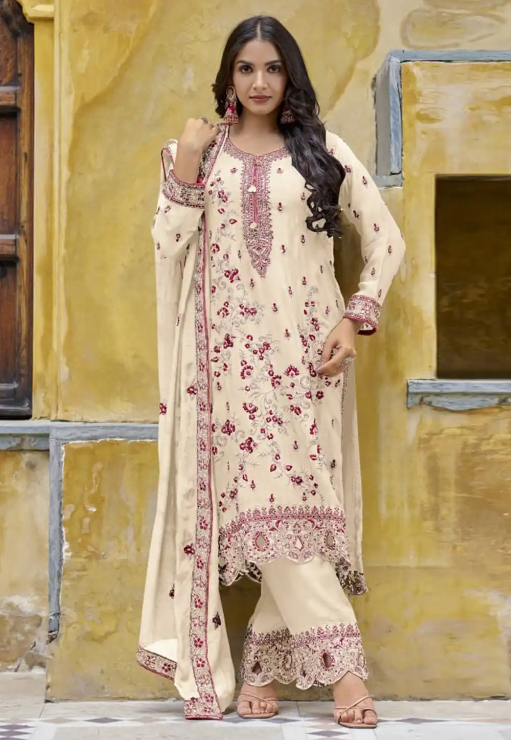 Cream Chinon Pakistani Suit 293886