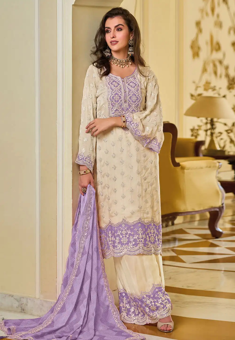 Cream Chinon Readymade Pakistani Suit 291688