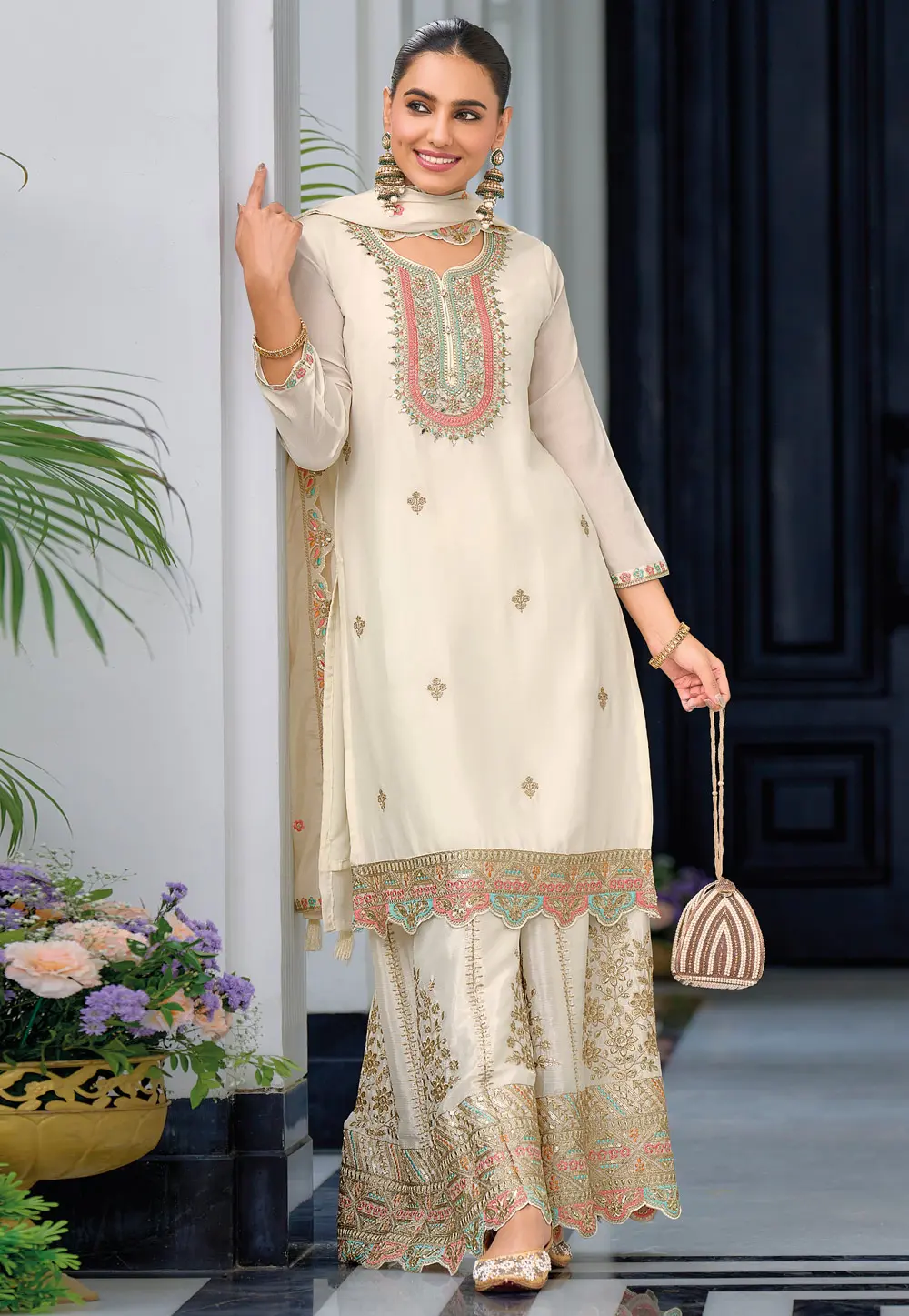 Cream Chinon Readymade Pakistani Suit 302741